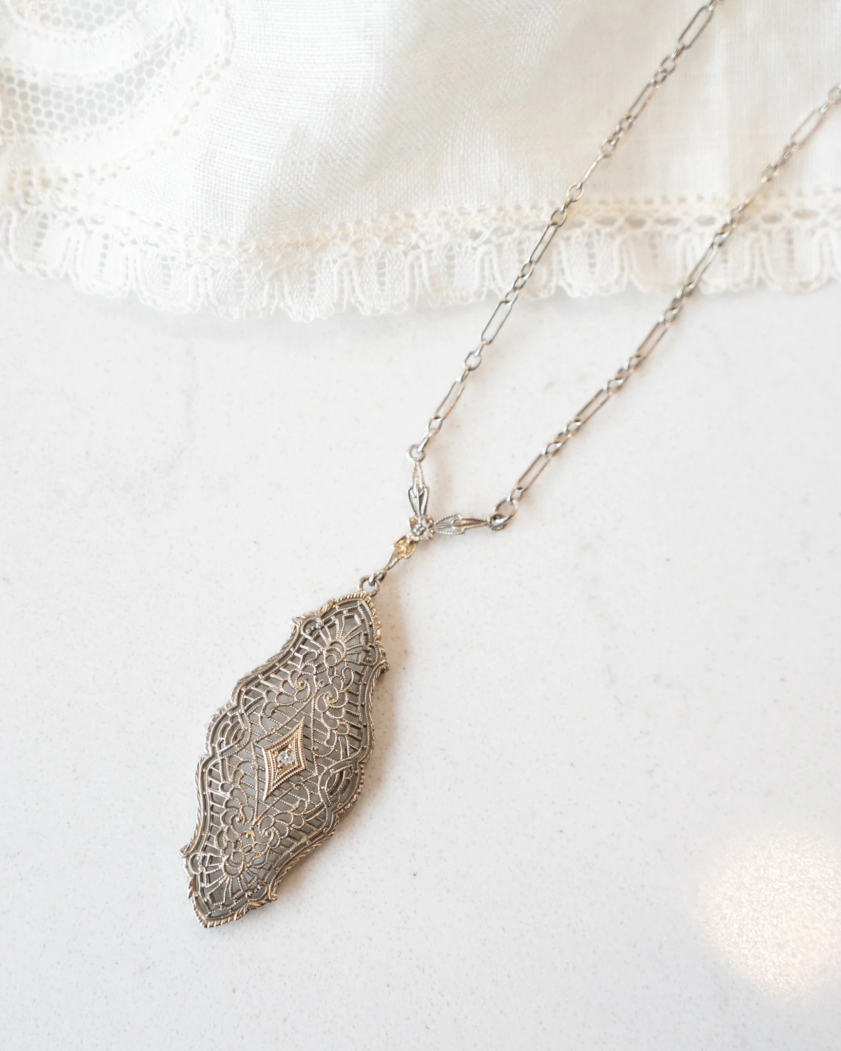 .01 Antique Deco Diamond Filigree Pendant in 10k - Image 5