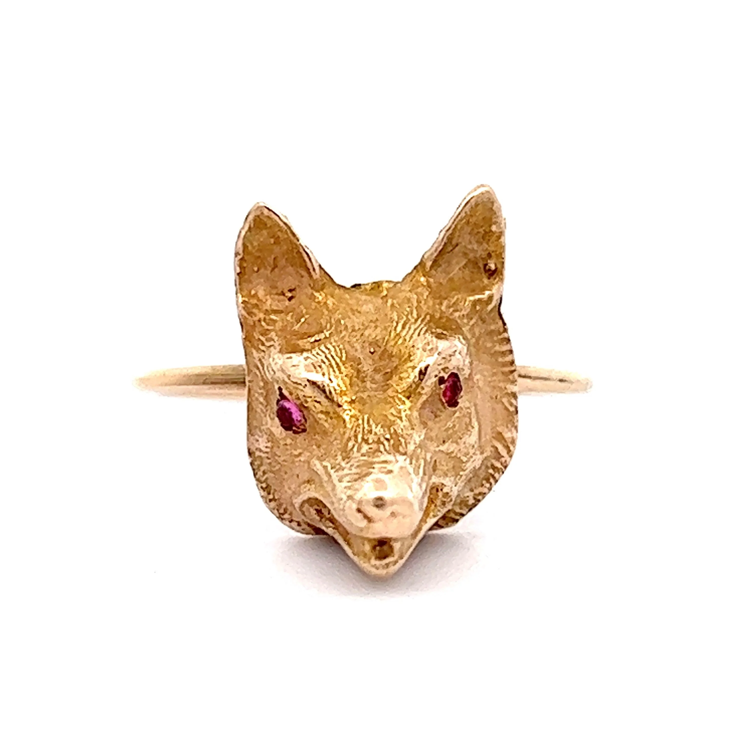 Vintage Victorian Fox Ring w/ Rubies in 14k Yellow Gold