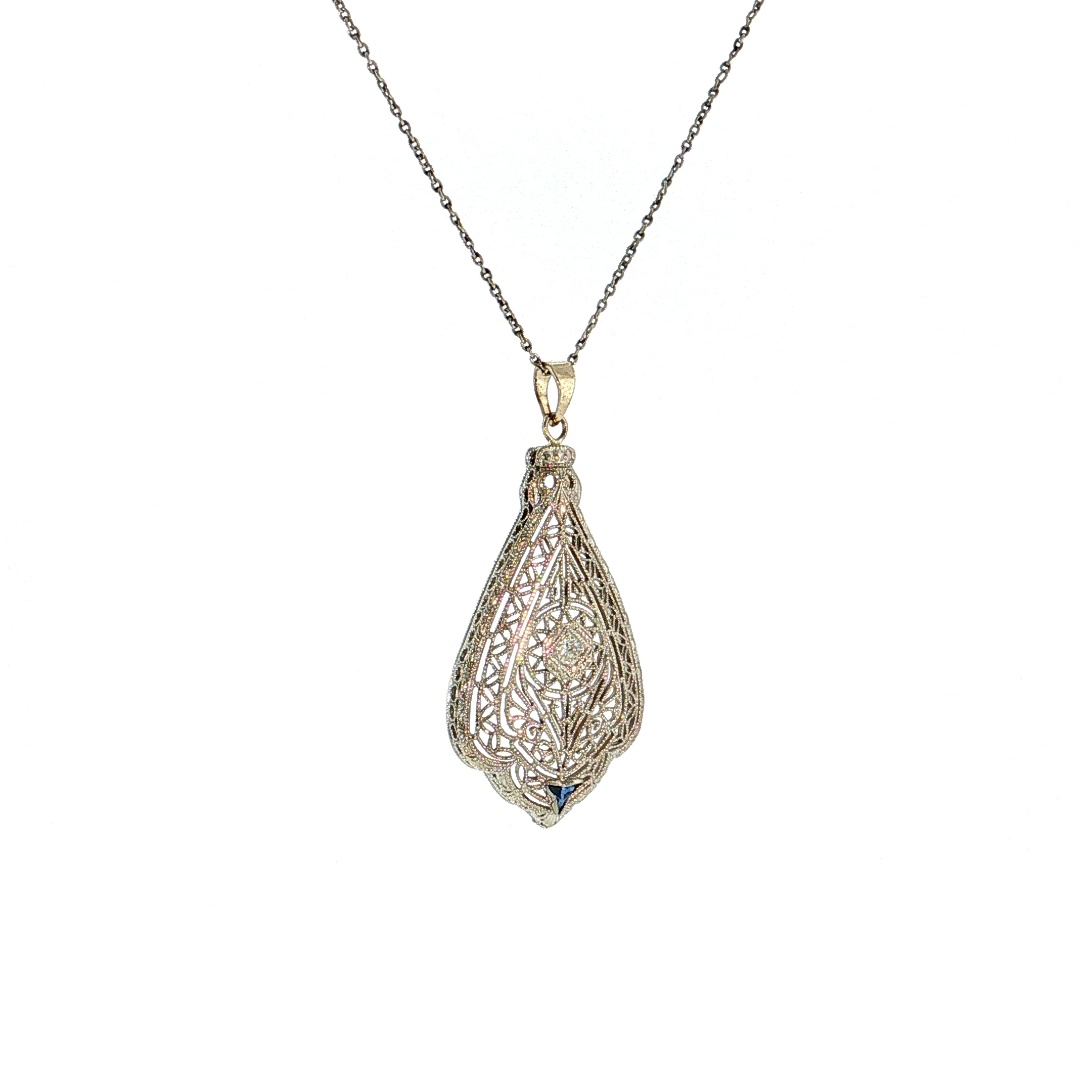 .03 Antique Art Deco Diamond Filigree Pendant 14k White Gold - Image 3