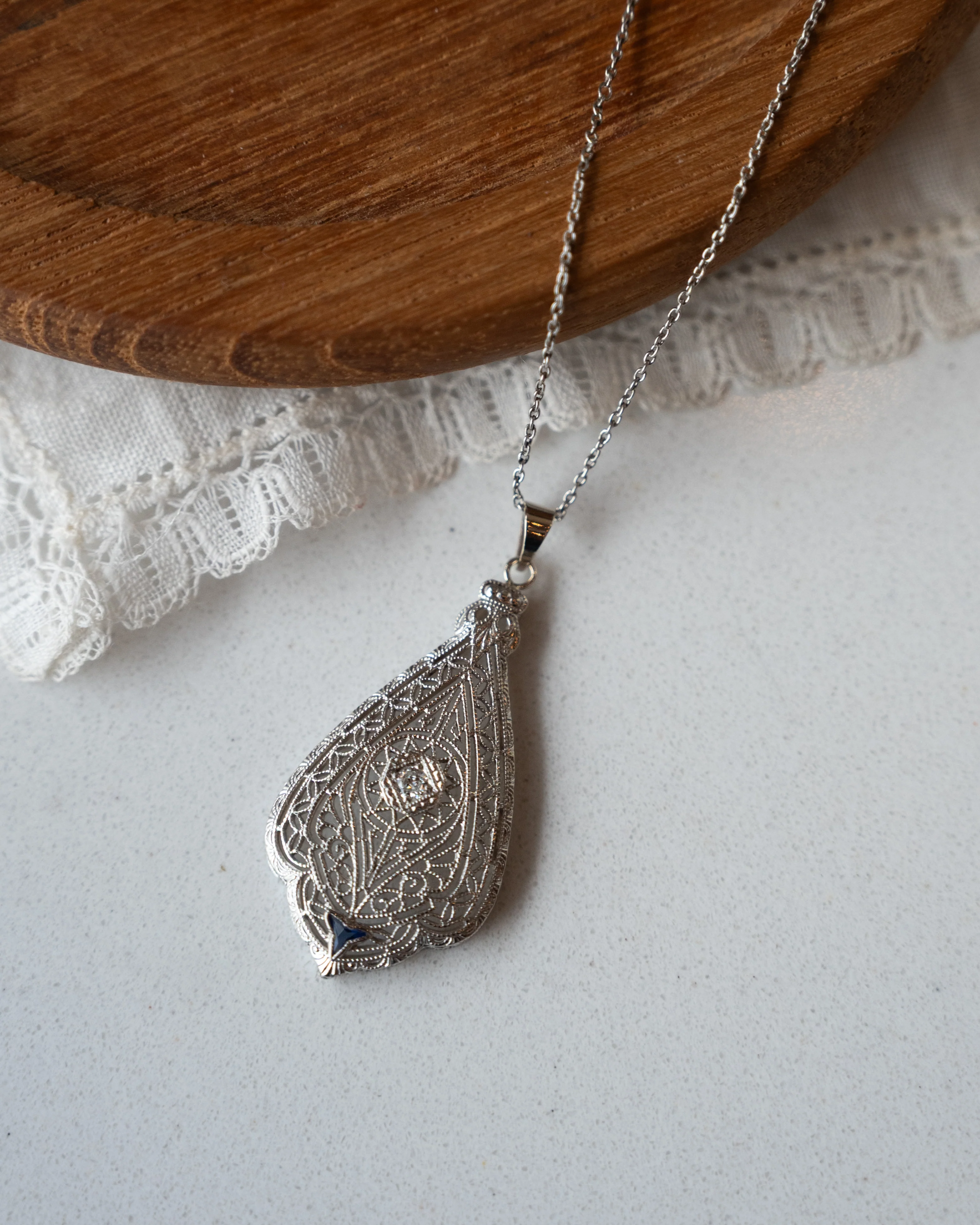 .03 Antique Art Deco Diamond Filigree Pendant 14k White Gold - Image 5