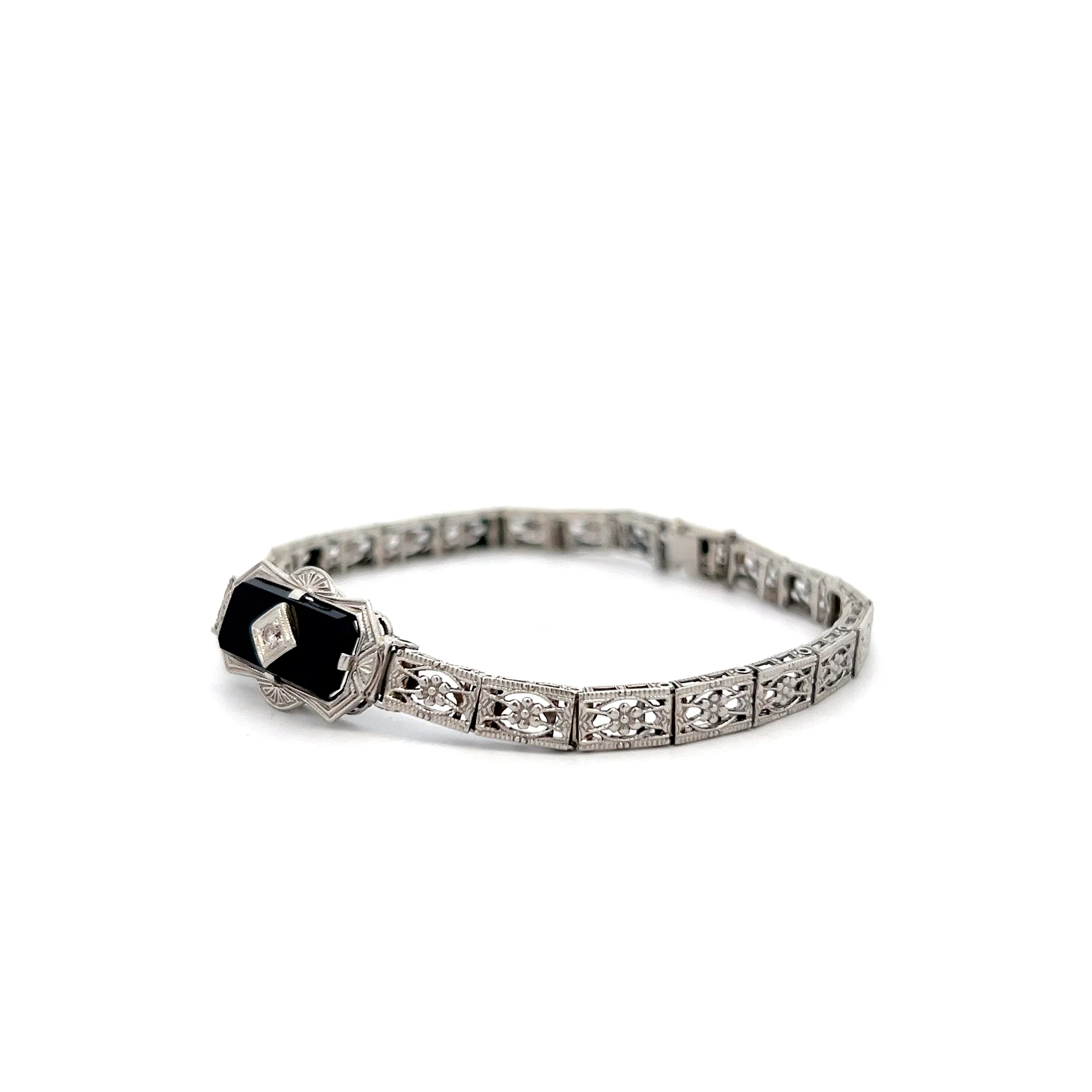 .03 Art Deco Diamond & Onyx Filigree Bracelet in 10k - Image 2