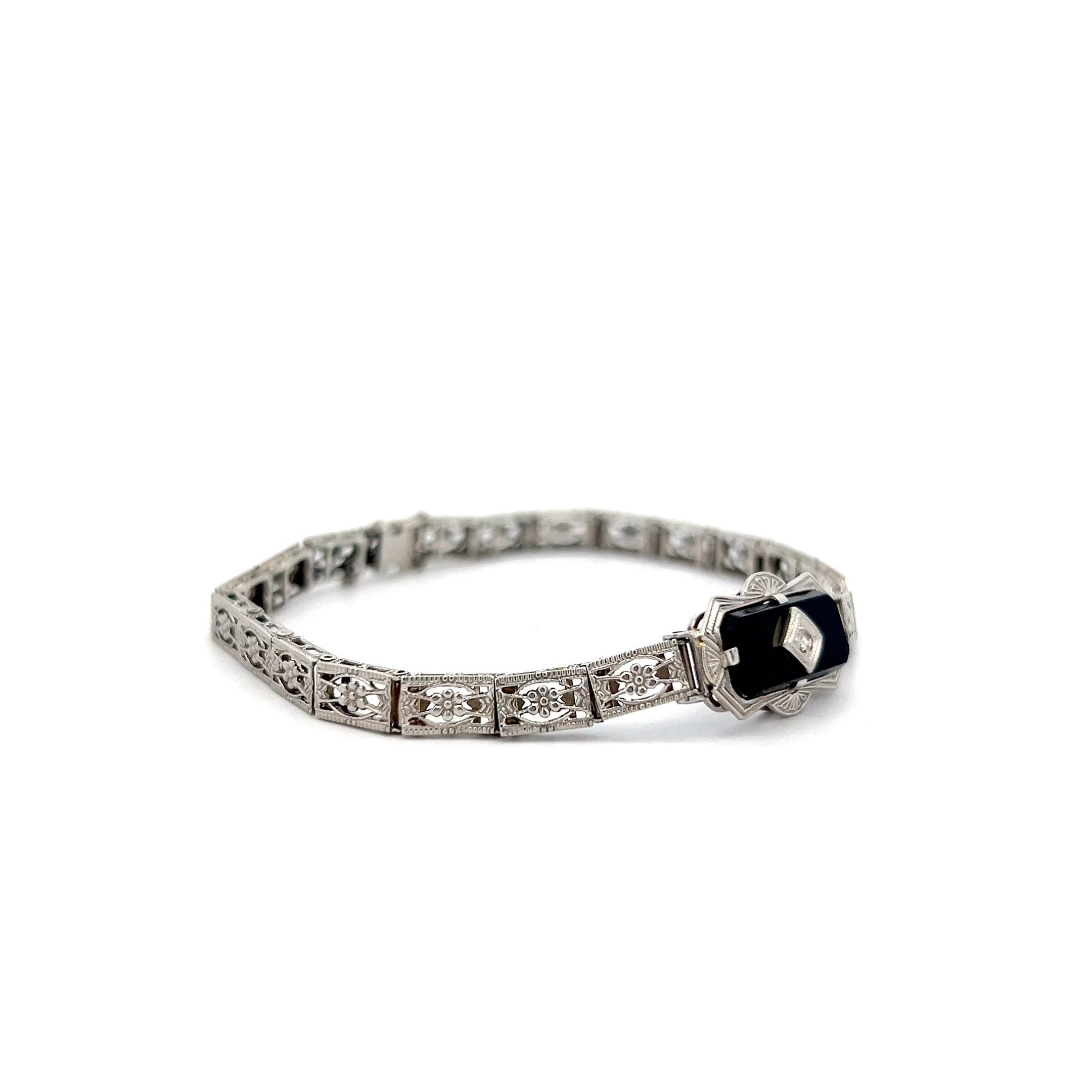 .03 Art Deco Diamond & Onyx Filigree Bracelet in 10k - Image 3