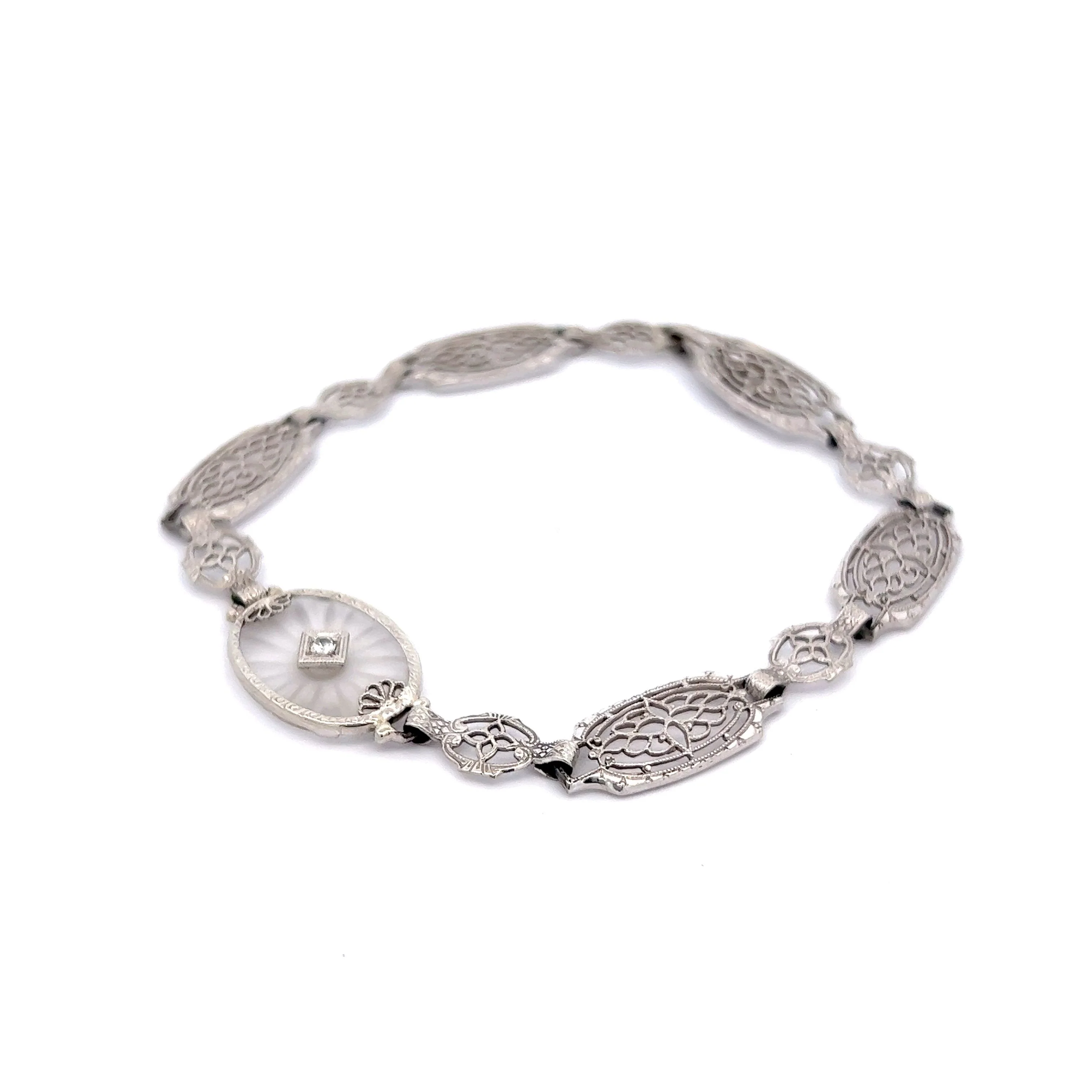 Vintage Camphor Glass & Diamond Bracelet in 14k White Gold - Image 2