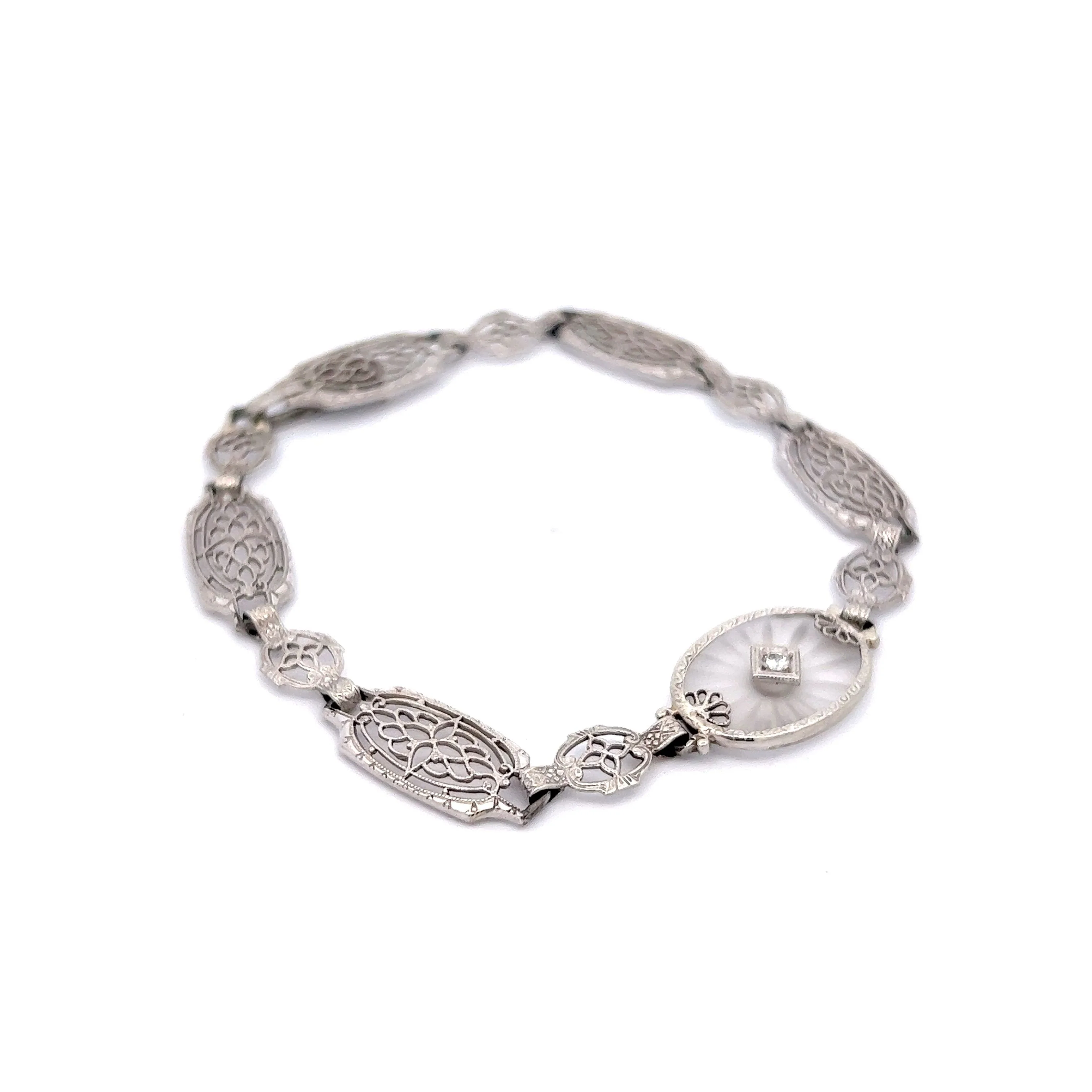 Vintage Camphor Glass & Diamond Bracelet in 14k White Gold - Image 3