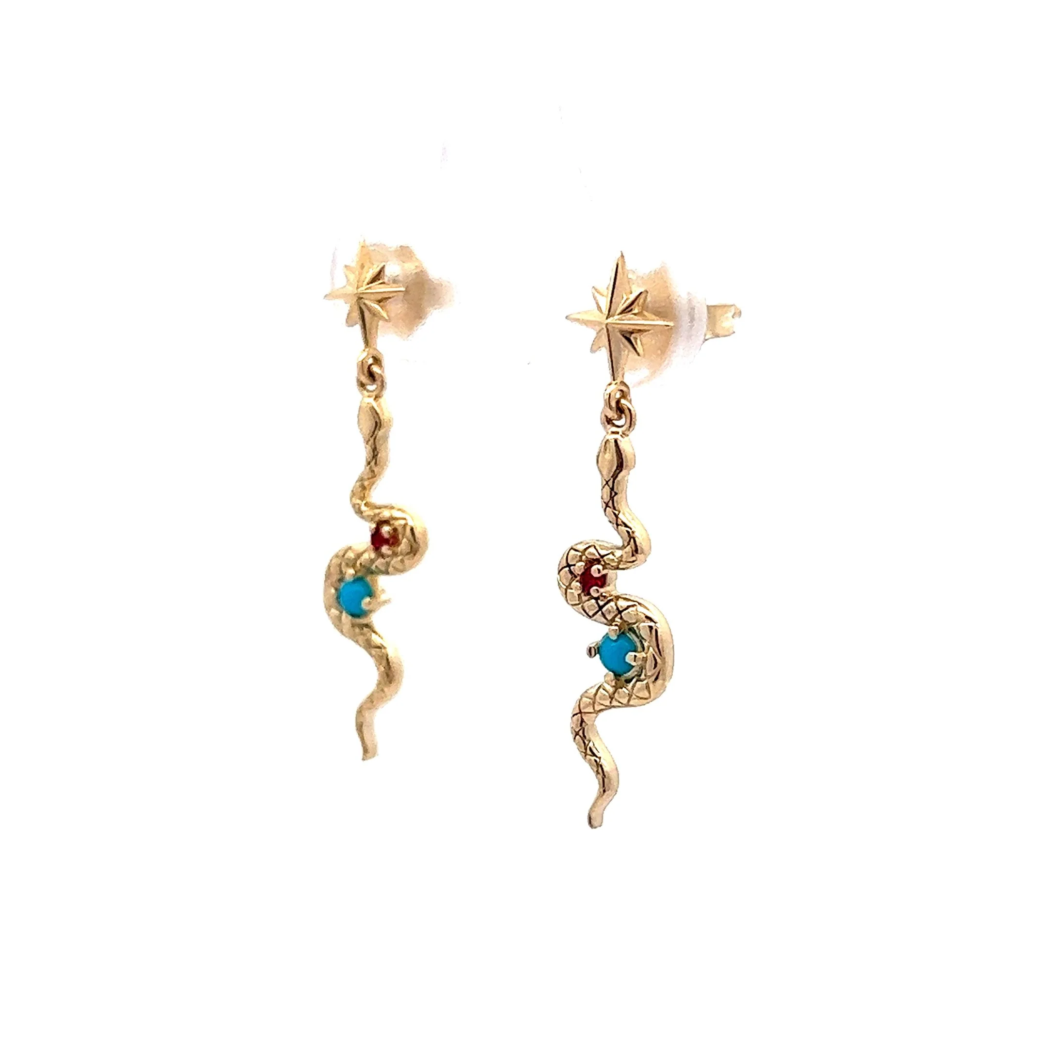Snake Earrings w/ Ruby & Turquoise in 14k Yellow Gold - Image 2