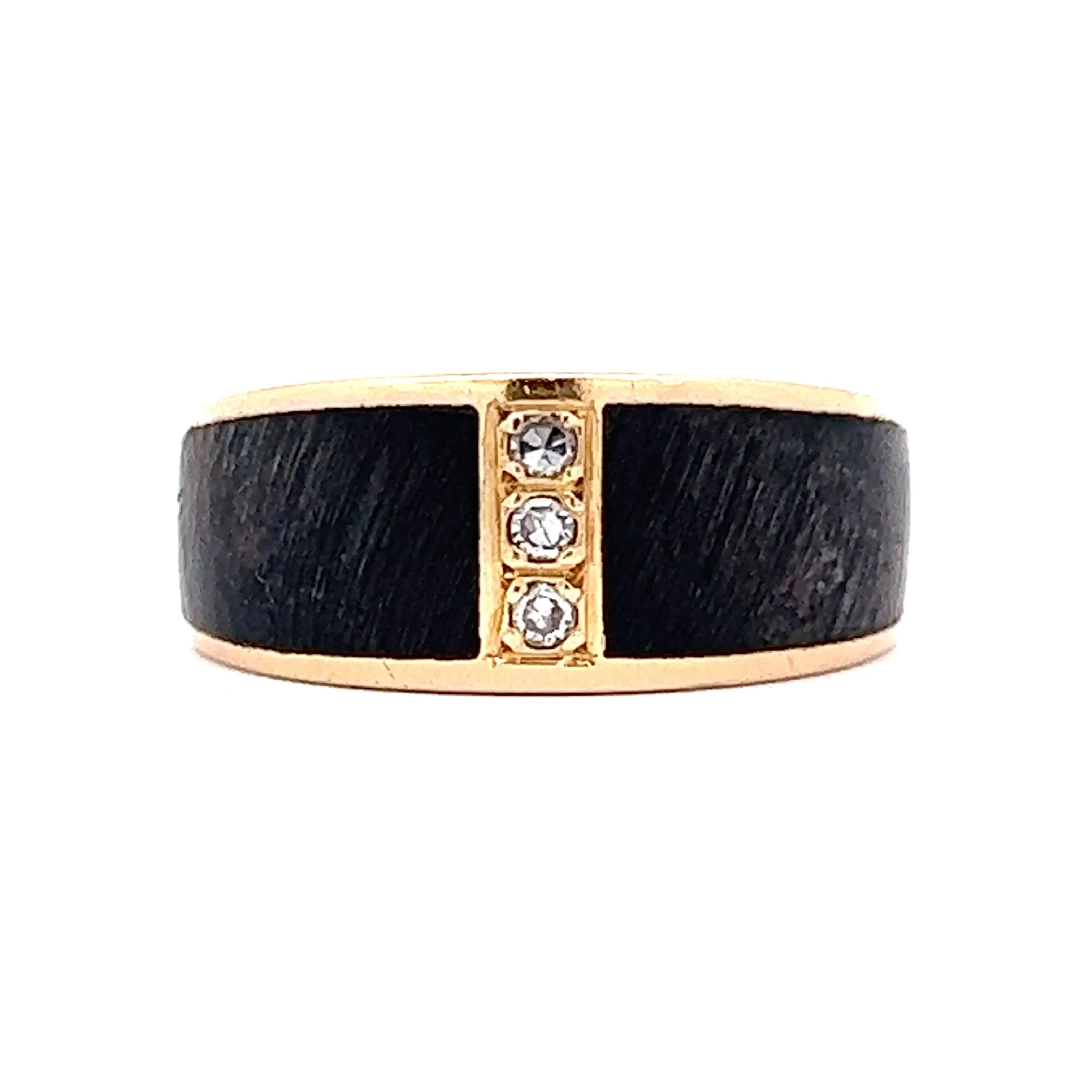 Vintage Mid-Century Black Wood & Diamond Ring in 18k Yellow Gold