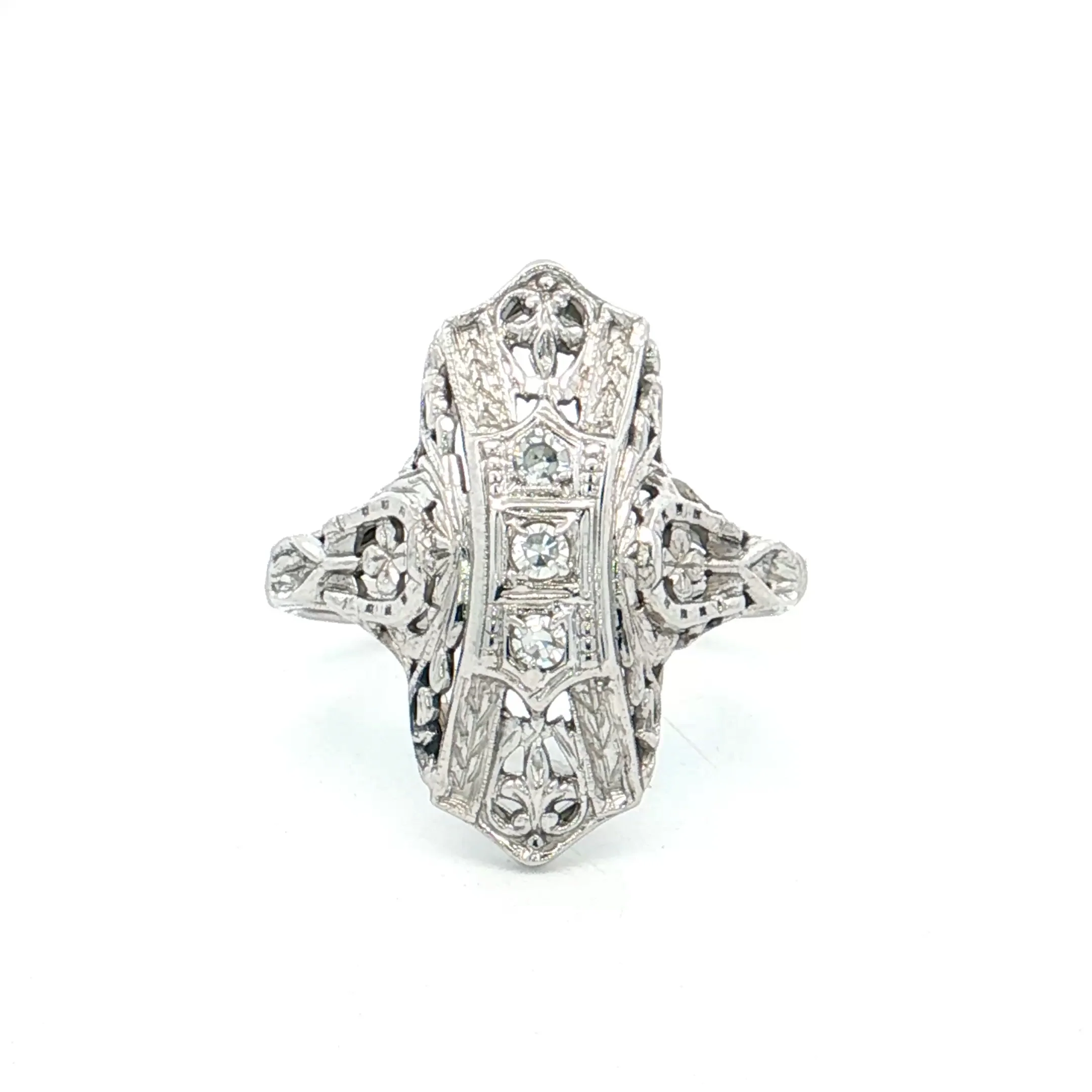 .09 Art Deco Filigree Navette Cocktail Ring 18k White Gold