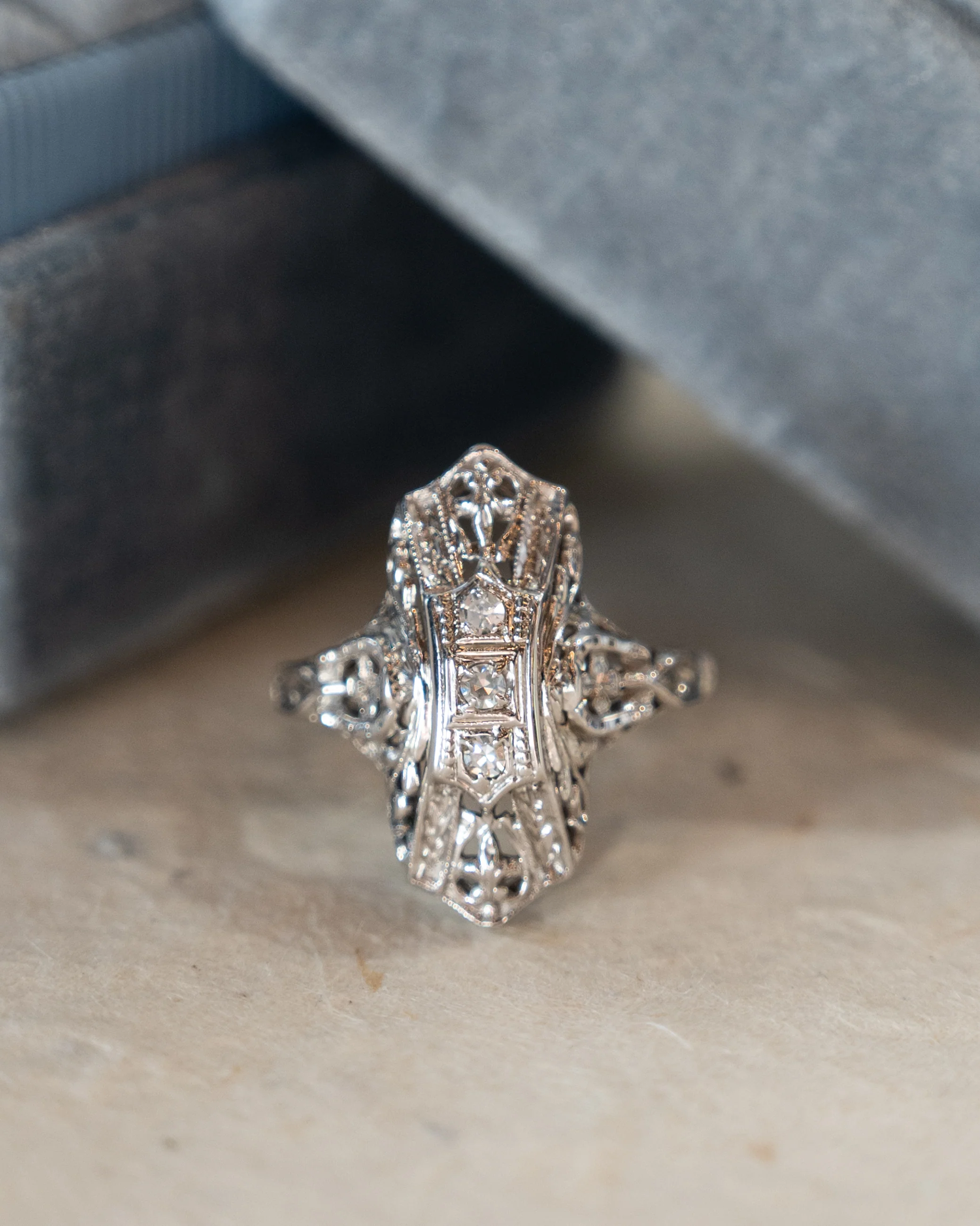 .09 Art Deco Filigree Navette Cocktail Ring 18k White Gold - Image 6
