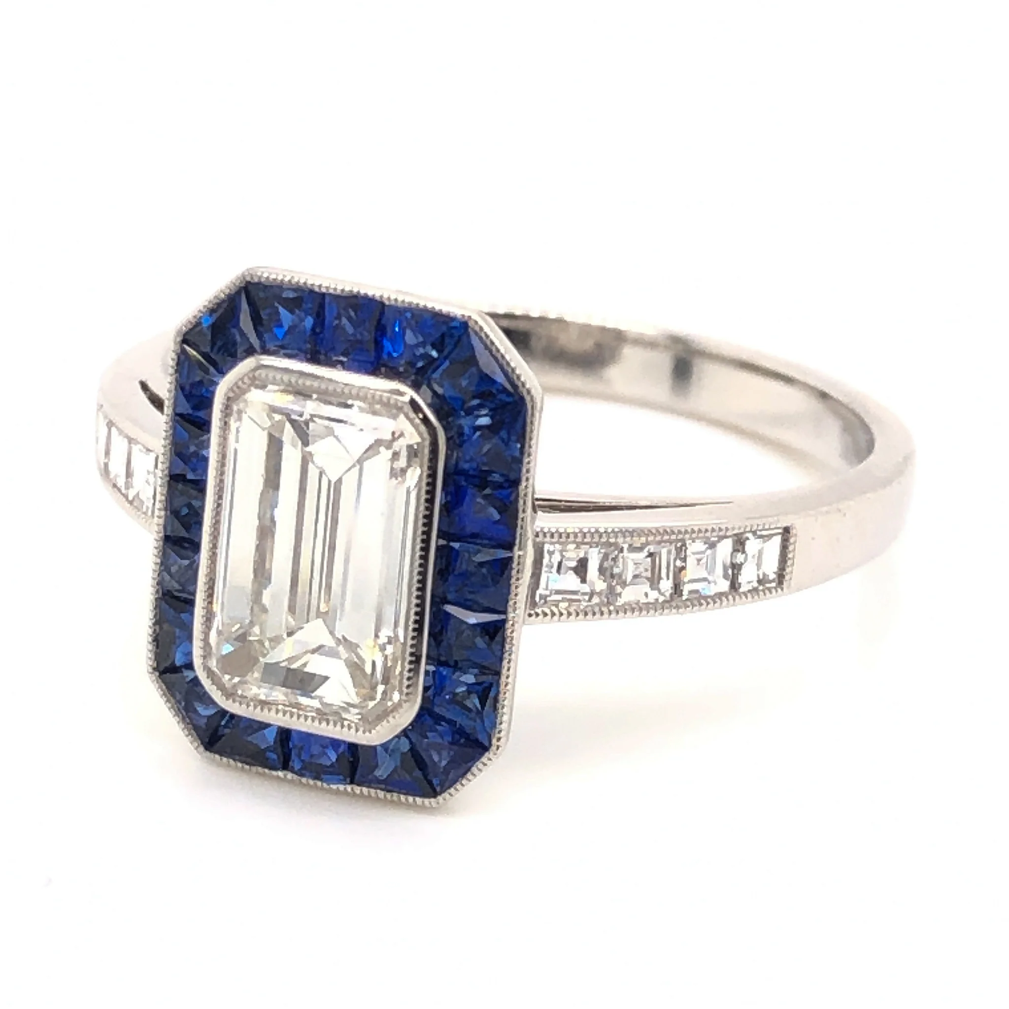 1.06 Emerald Cut Diamond & Sapphire Ring in Platinum - Image 2