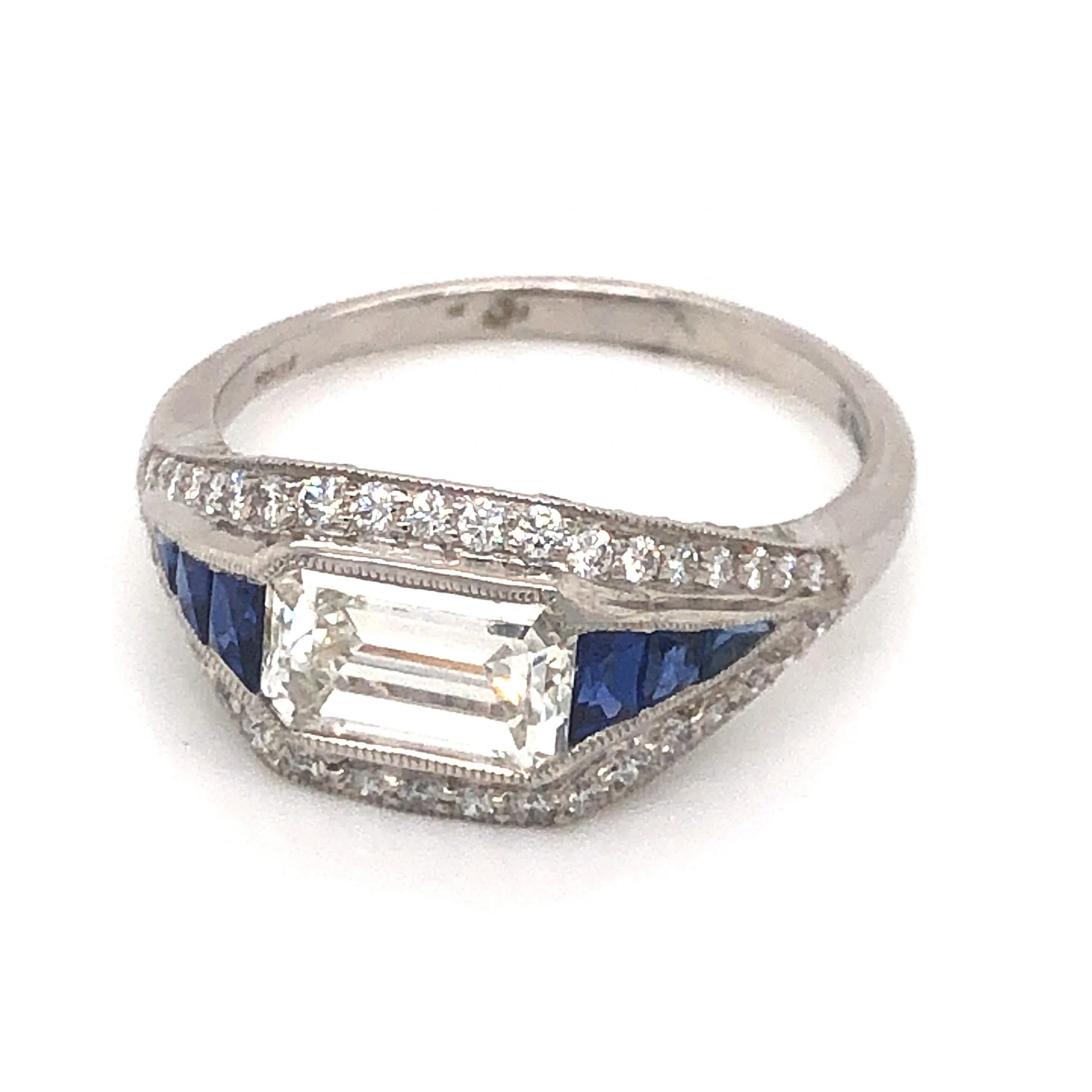 1.14 Emerald Cut Diamond & Sapphire Ring in Platinum - Image 2