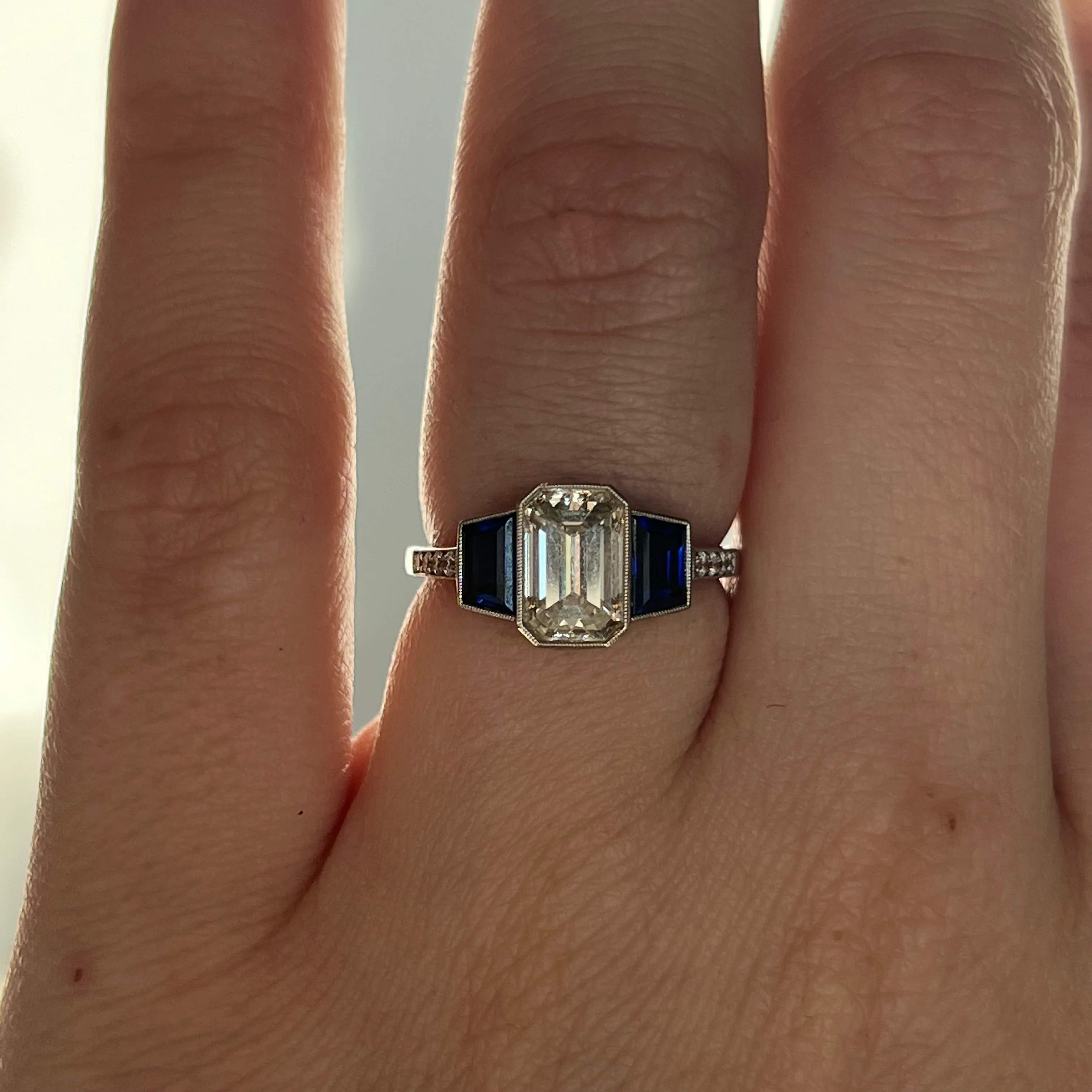 1.53 Emerald Cut Diamond & Sapphire Engagement Ring in Platinum - Image 6