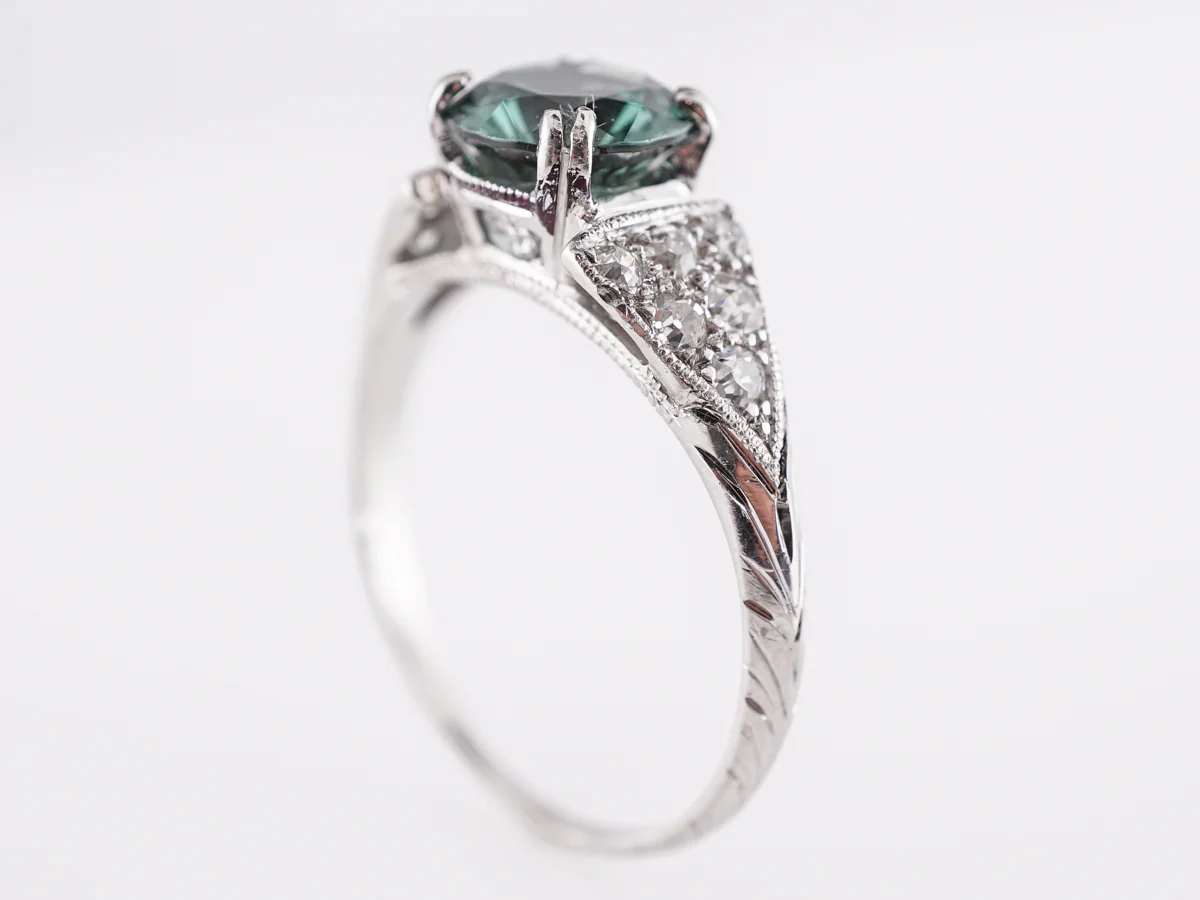 1.43 Green Tourmaline Deco Engagement Ring in Platinum - Image 3