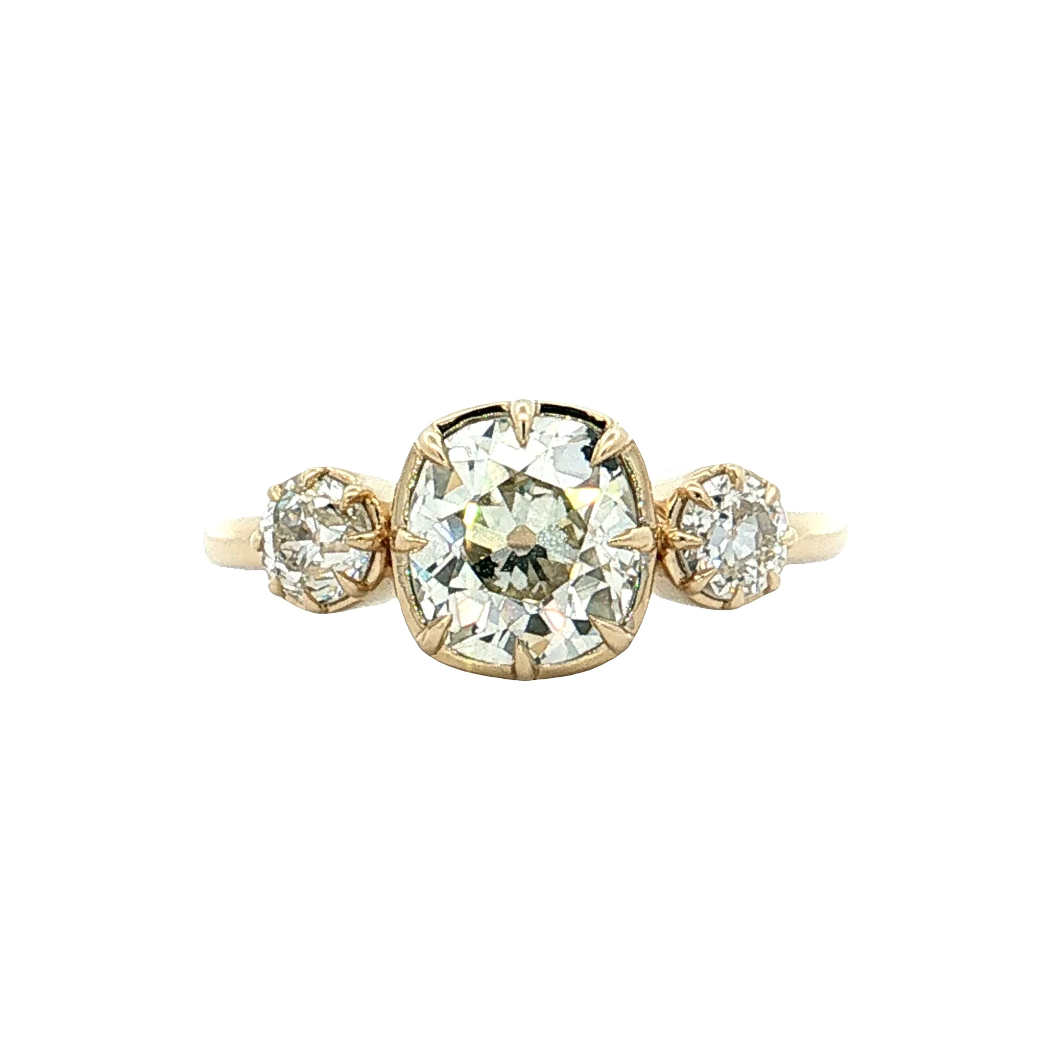 1.47 Old Mine Cushion Diamond Three Stone Ring 14k