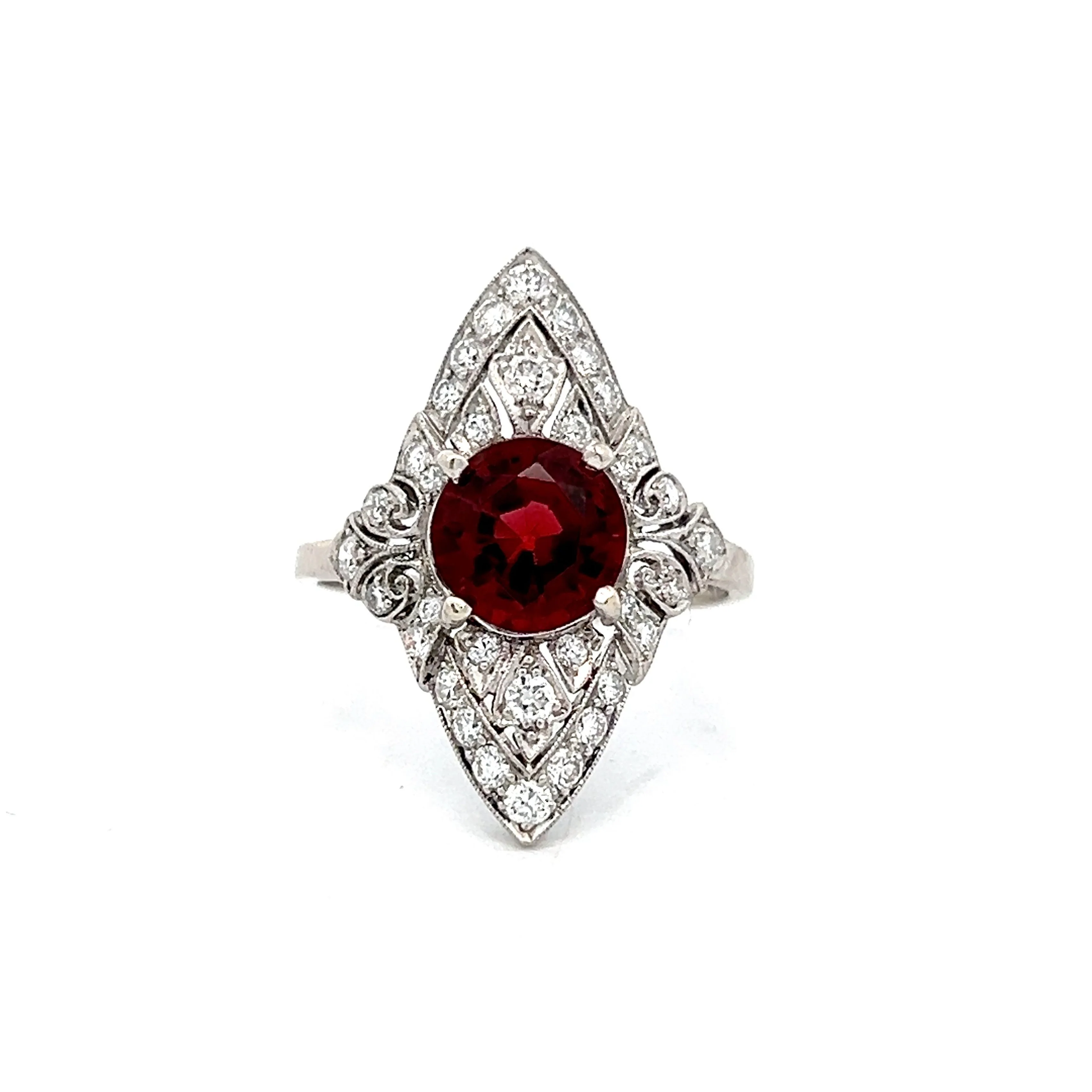 1.75 Art Deco Garnet & Diamond Cocktail Ring in Platinum