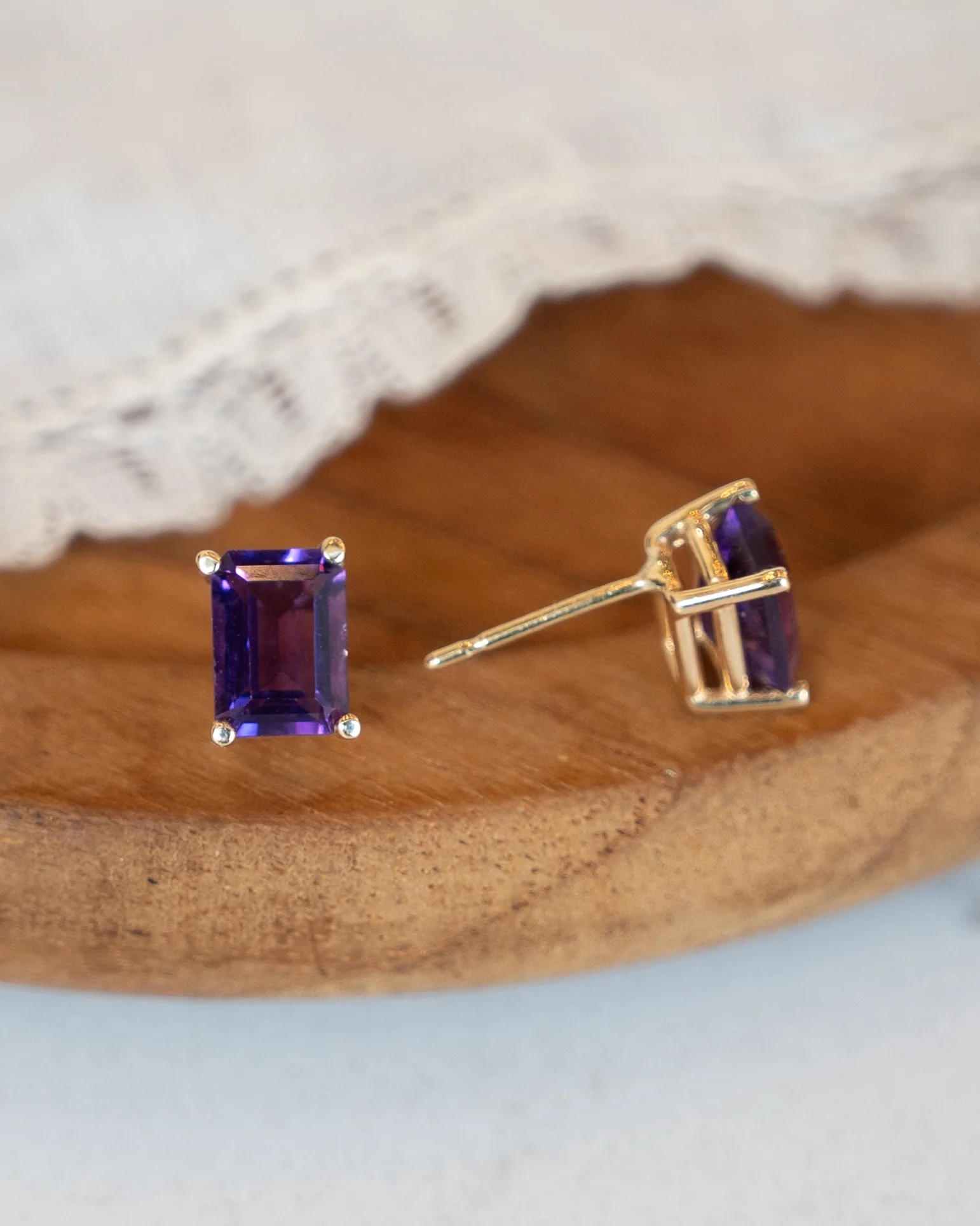 1.80 Emerald Cut Amethyst Stud Earrings 14k - Image 5