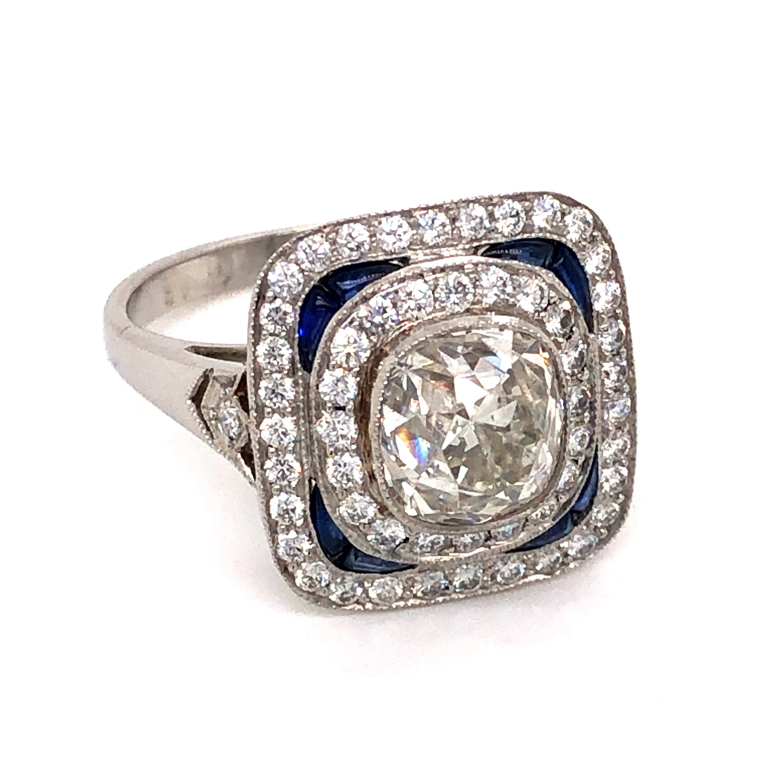 1.94 Antique European Cut Diamond & Sapphire Ring in Platinum - Image 3