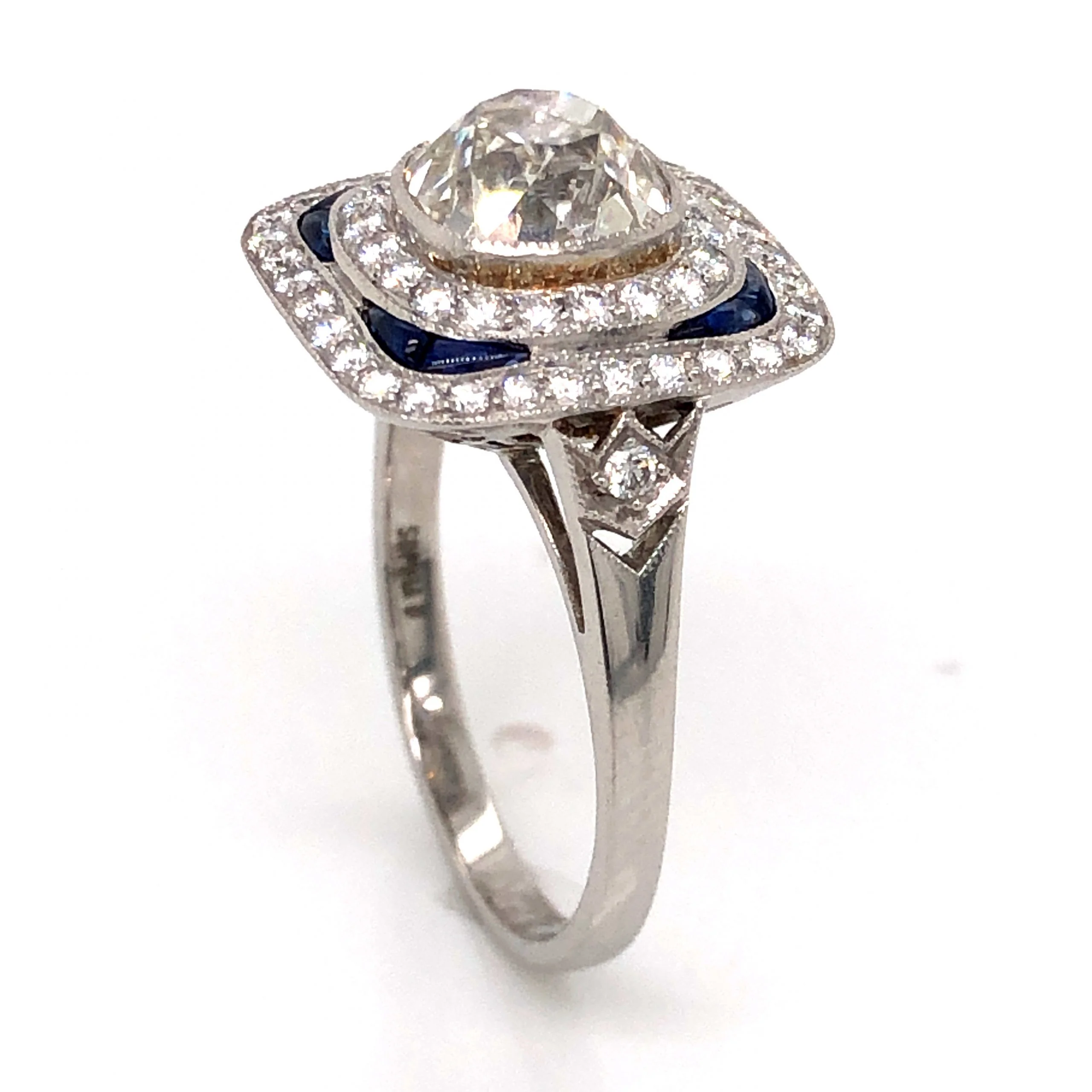 1.94 Antique European Cut Diamond & Sapphire Ring in Platinum - Image 4