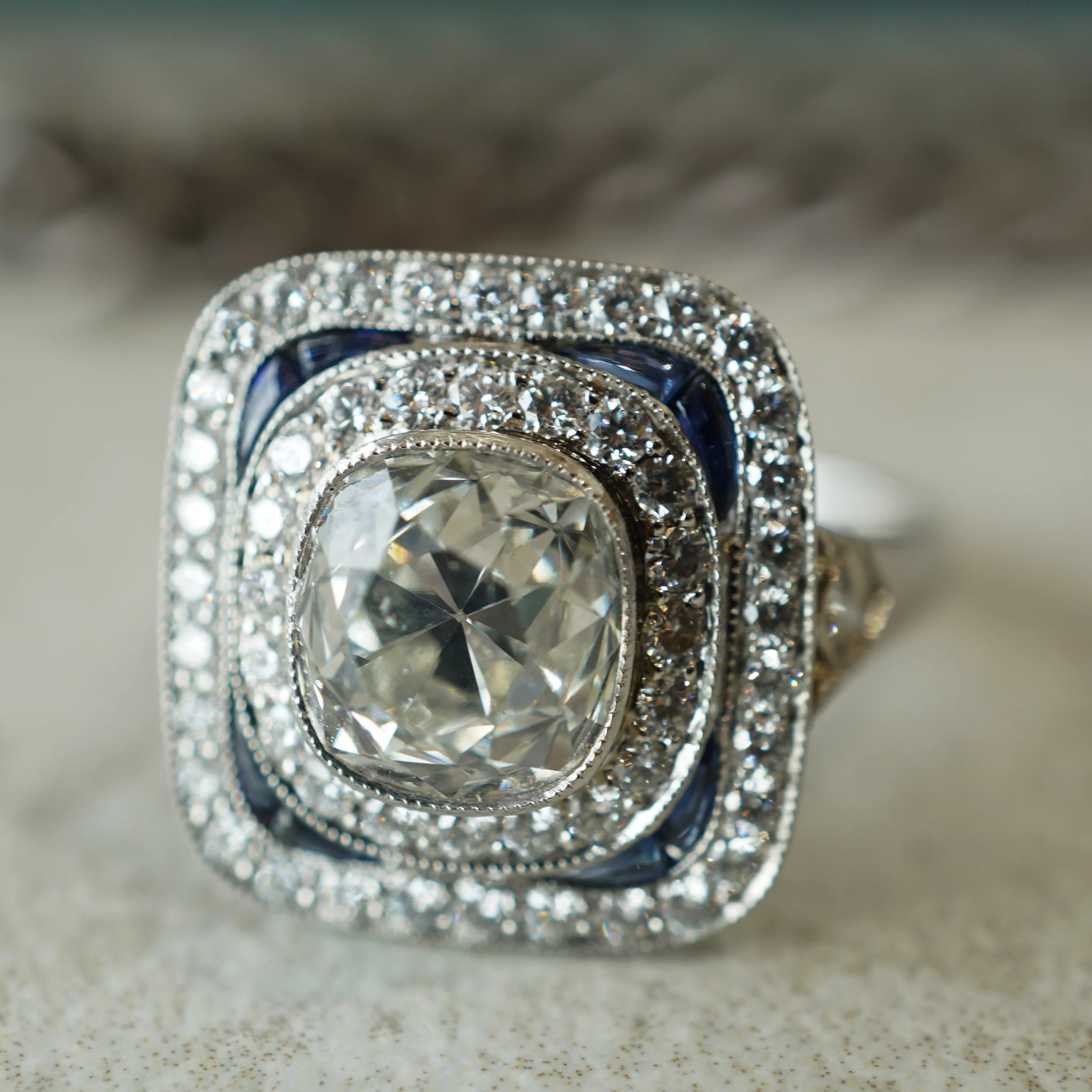 1.94 Antique European Cut Diamond & Sapphire Ring in Platinum - Image 5