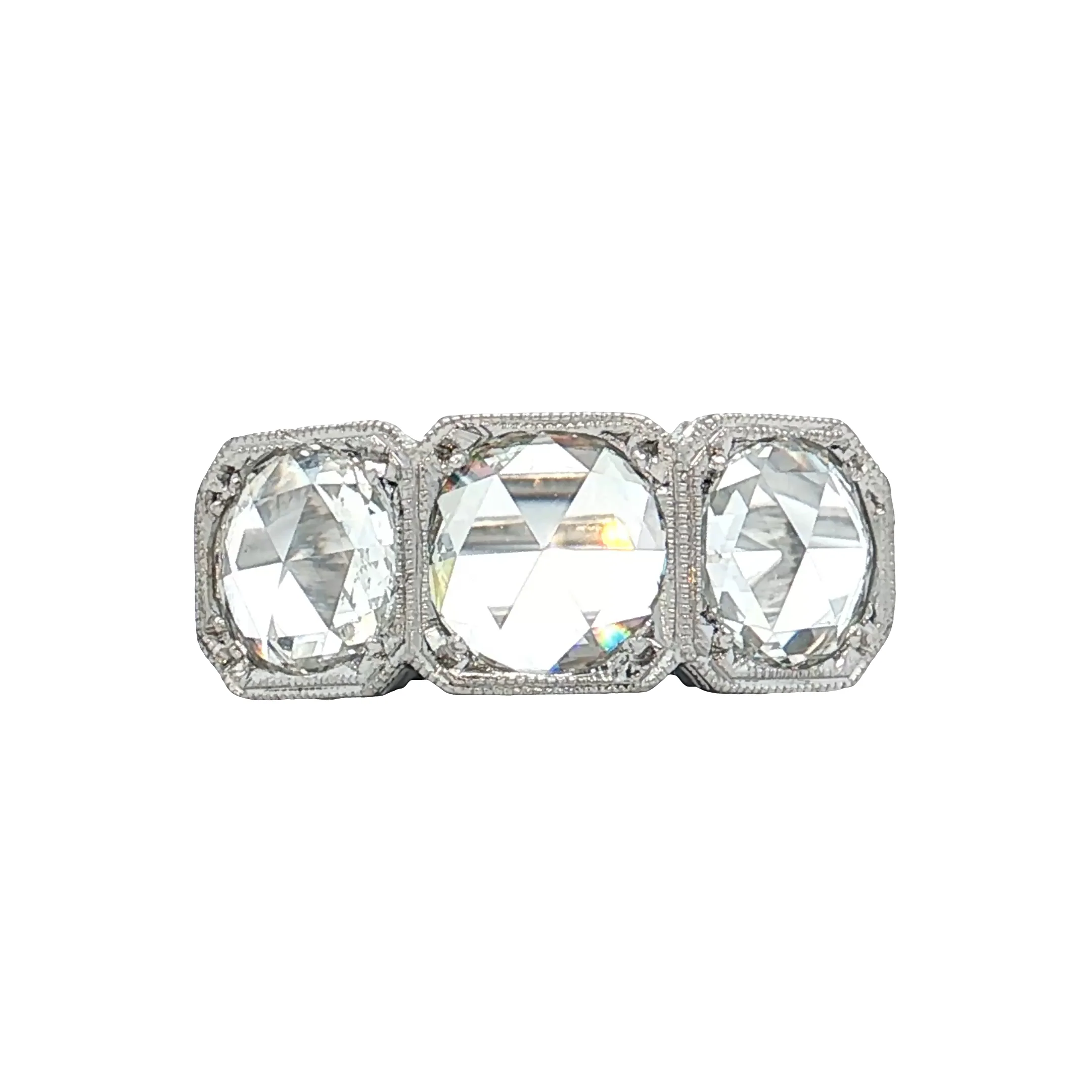 1.95 Antique Three Stone Rose Cut Diamond Engagement Ring 18k