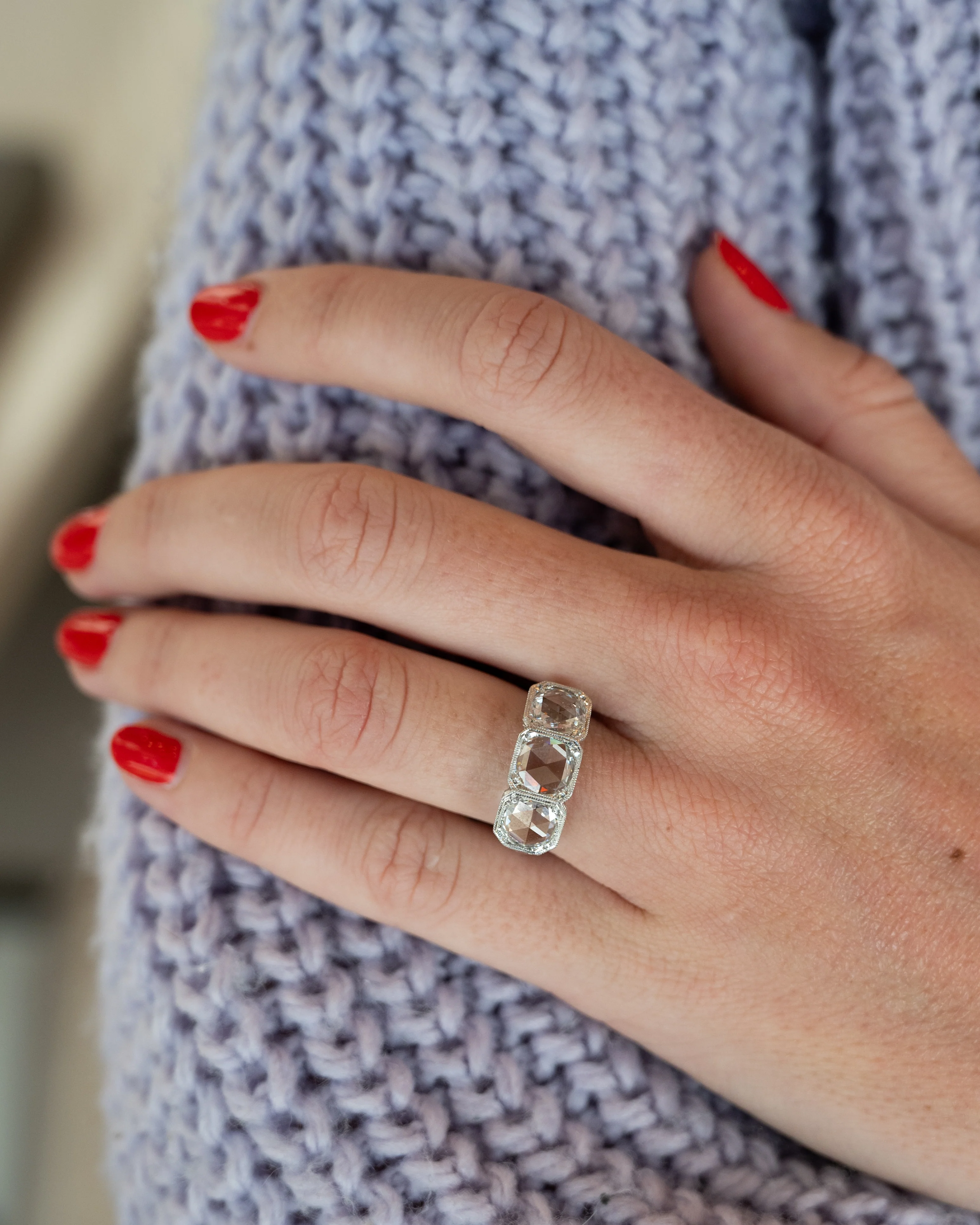 1.95 Antique Three Stone Rose Cut Diamond Engagement Ring 18k - Image 7