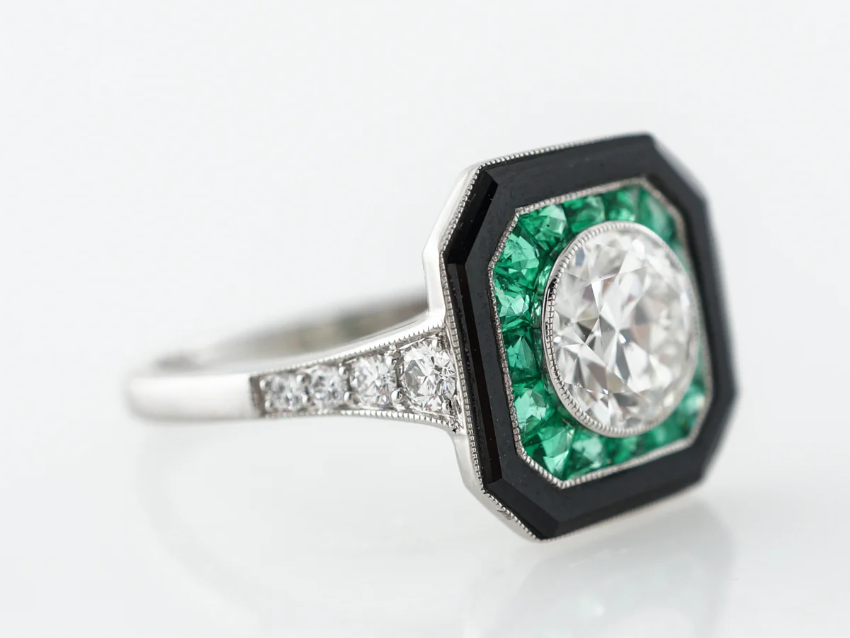 1 Carat Diamond w/ Onyx & Emerald Cocktail Ring in Platinum - Image 3