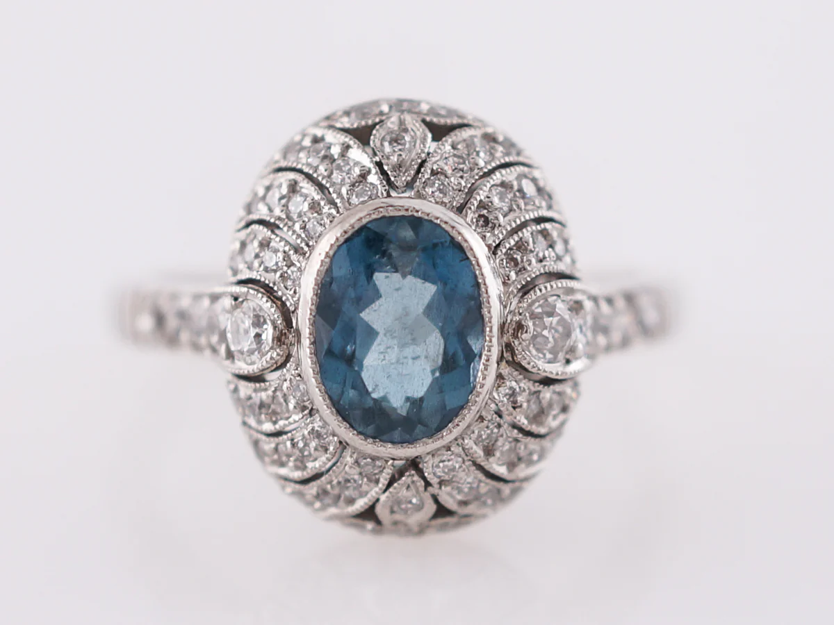 1 Carat Oval Aquamarine & Diamond Platinum Ring