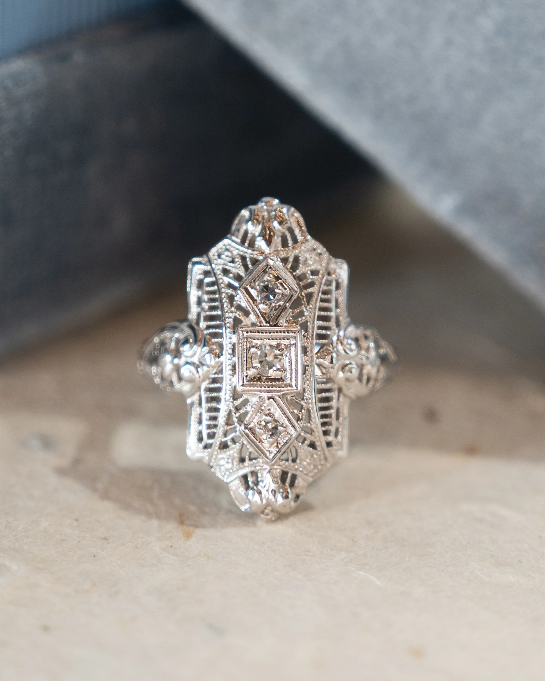 .10 Antique Deco Diamond Navette Cocktail Ring 18k - Image 6