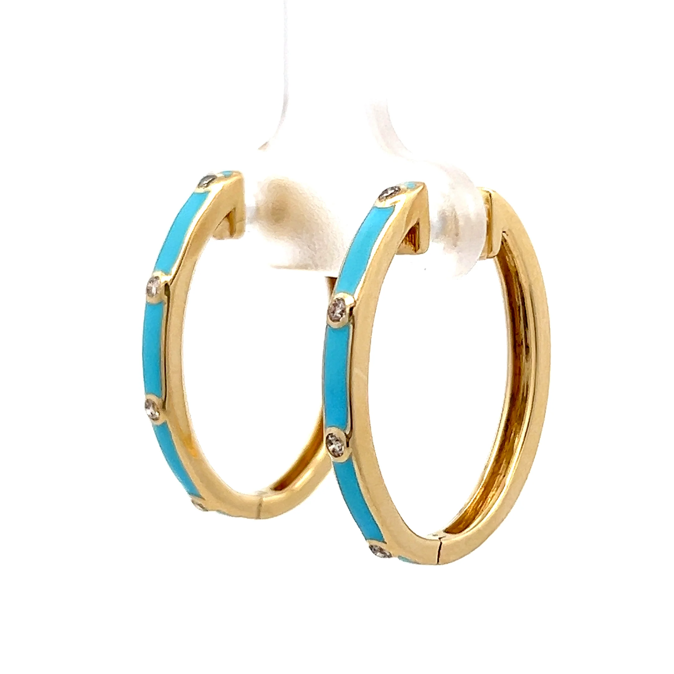 .10 Blue Enamel & Diamond Hoop Earrings in 14k - Image 2