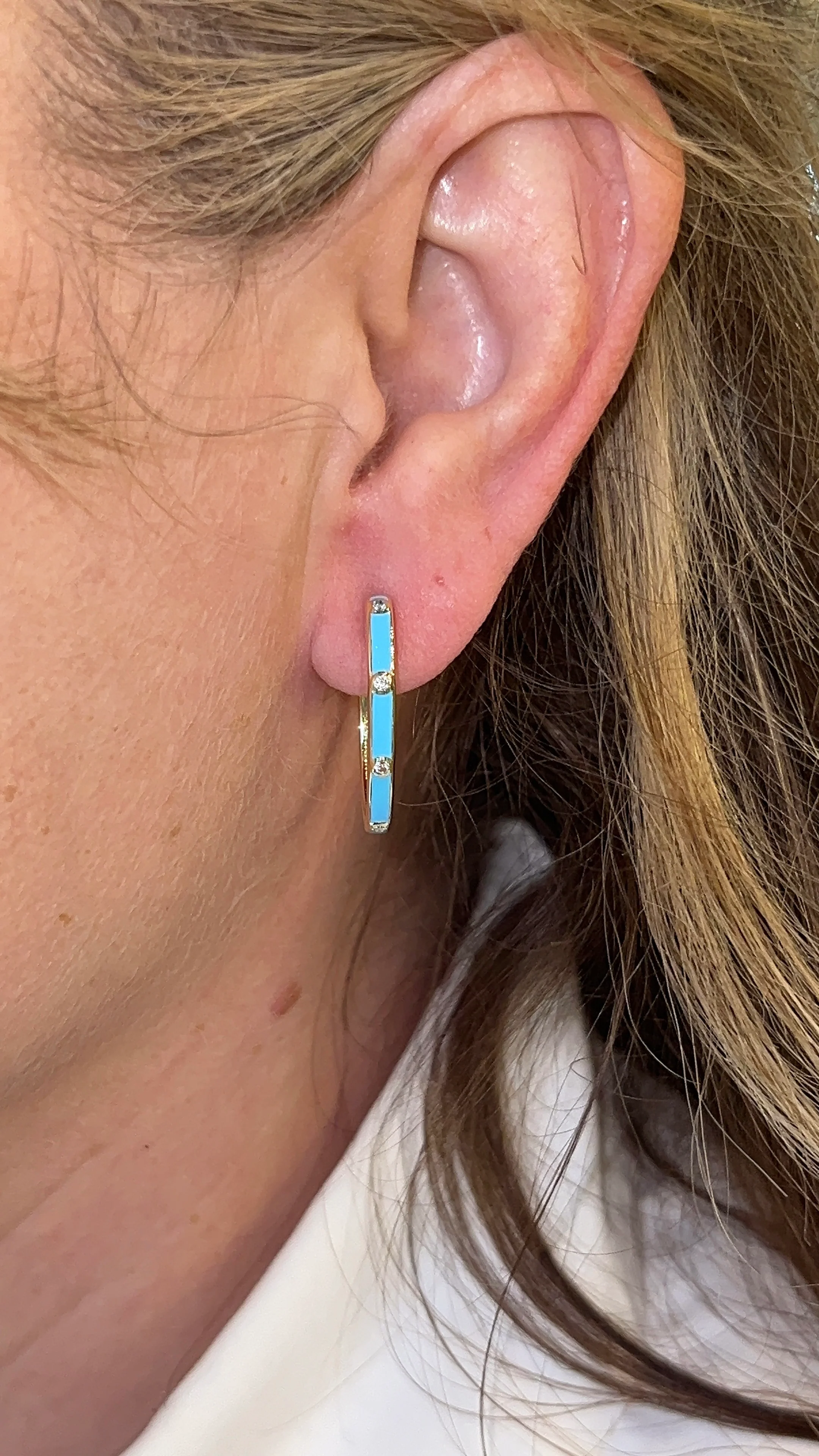.10 Blue Enamel & Diamond Hoop Earrings in 14k - Image 5
