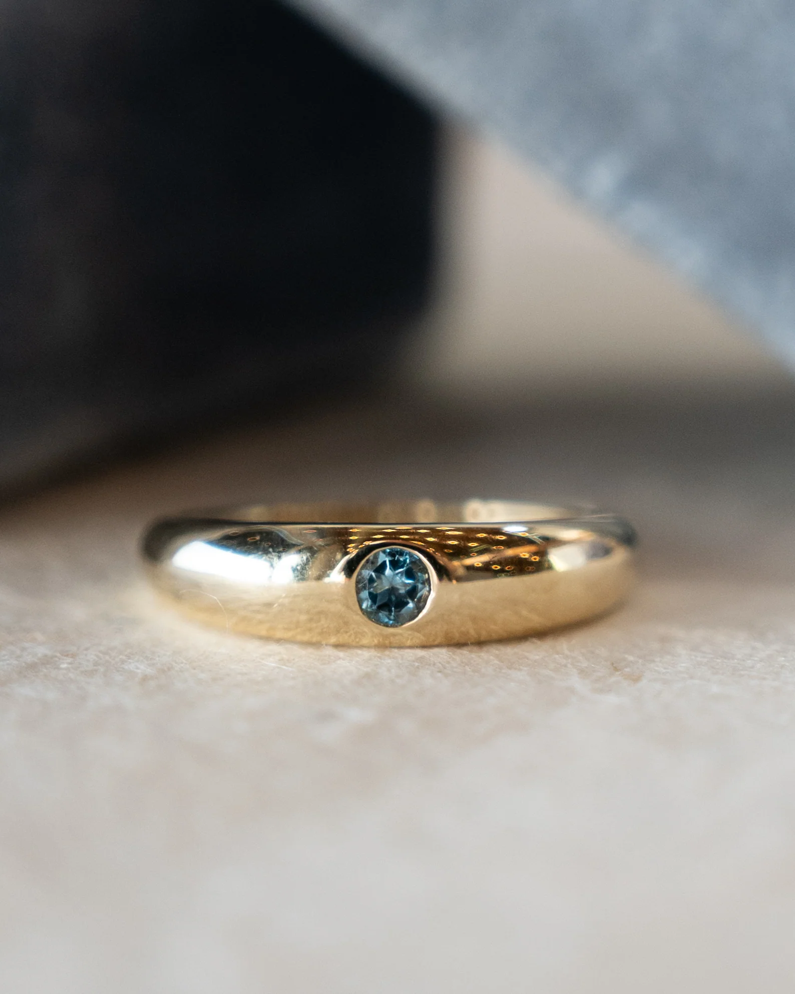 .14 Flush Set Blue Topaz Stacking Ring 14k Yellow Gold - Image 6