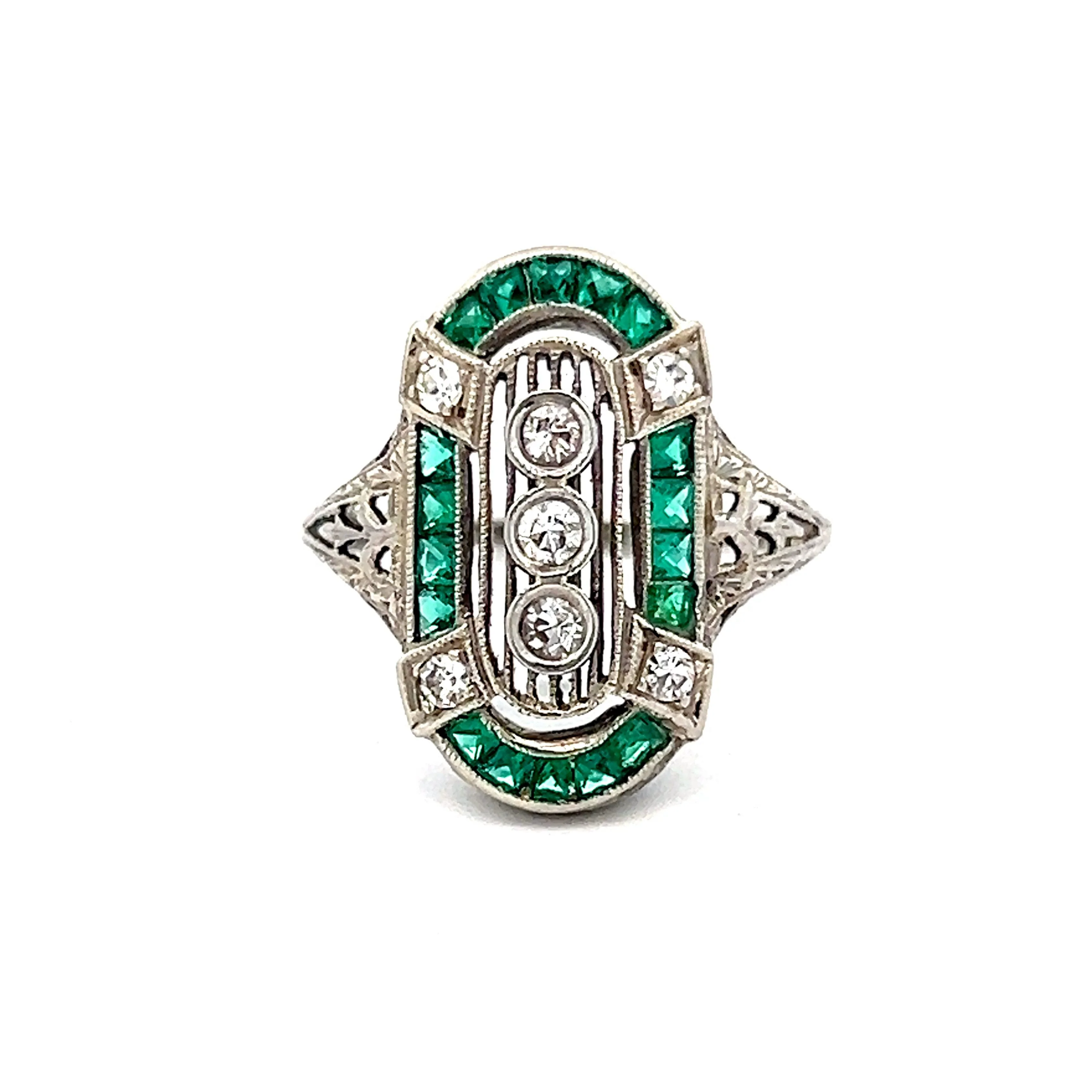 .17 Art Deco Emerald & Diamond Cocktail Ring in 18k White Gold