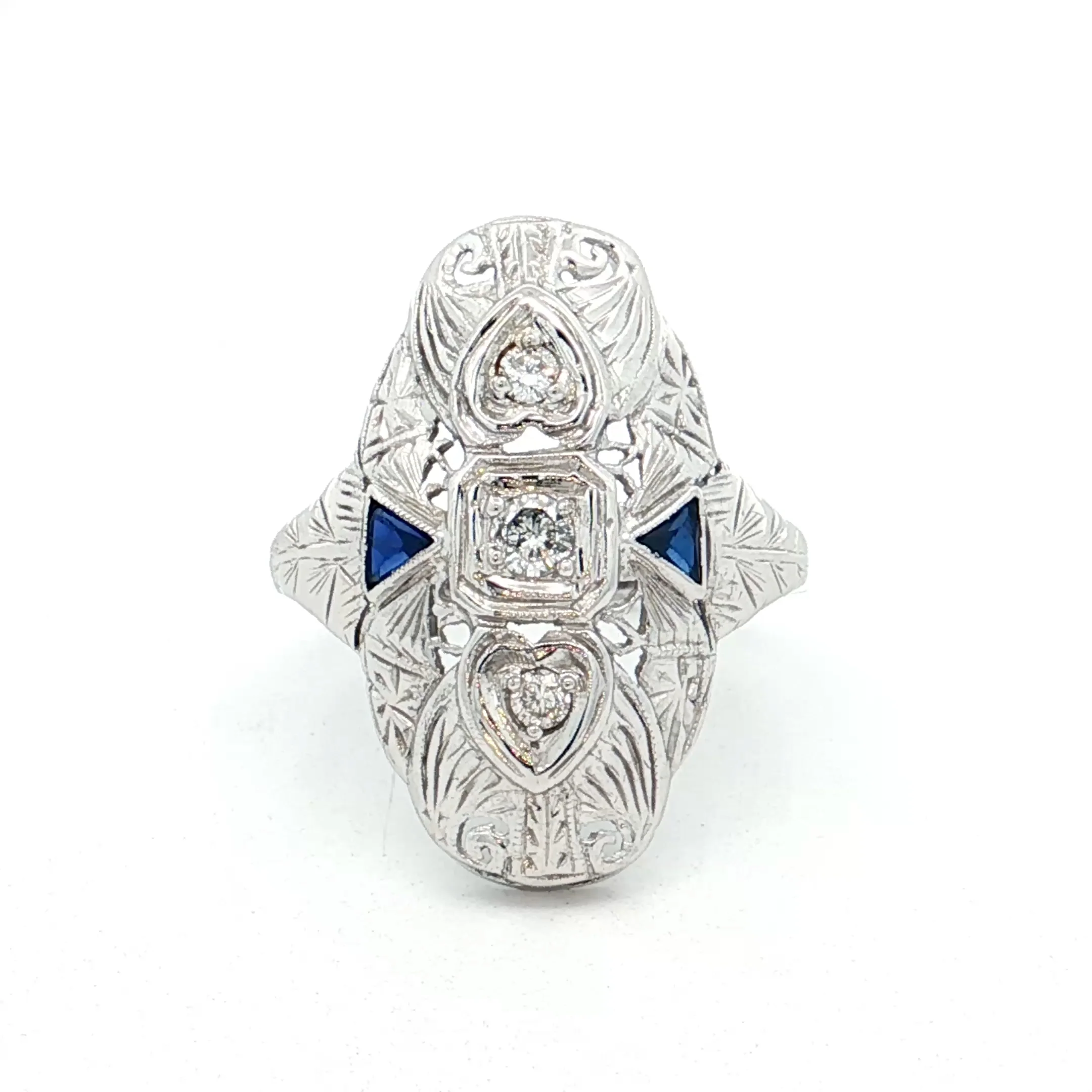 .18 Antique Deco Diamond & Sapphire Navette Ring 18k