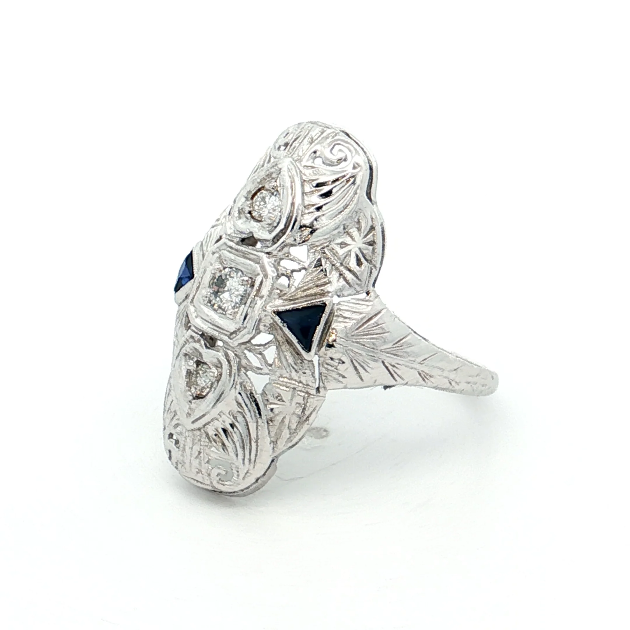 .18 Antique Deco Diamond & Sapphire Navette Ring 18k - Image 2