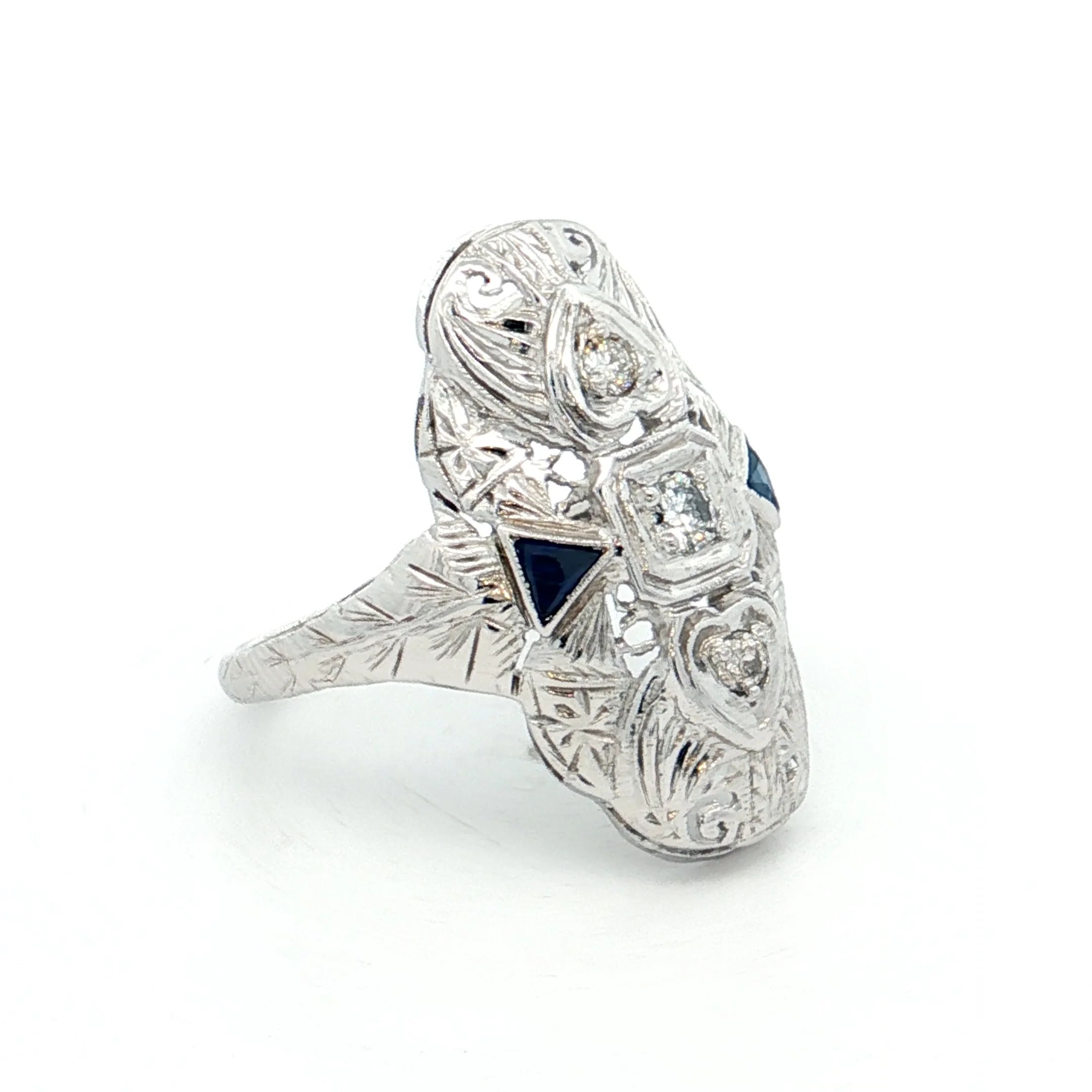 .18 Antique Deco Diamond & Sapphire Navette Ring 18k - Image 3