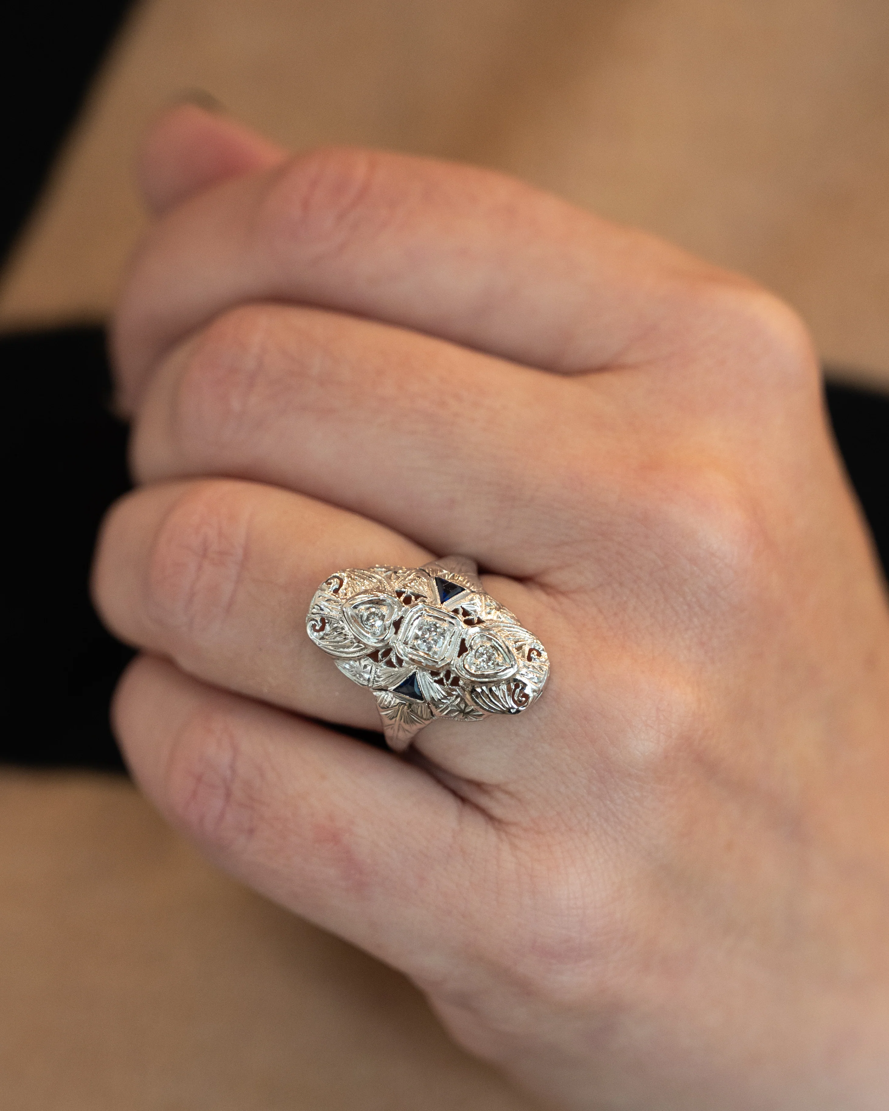 .18 Antique Deco Diamond & Sapphire Navette Ring 18k - Image 7