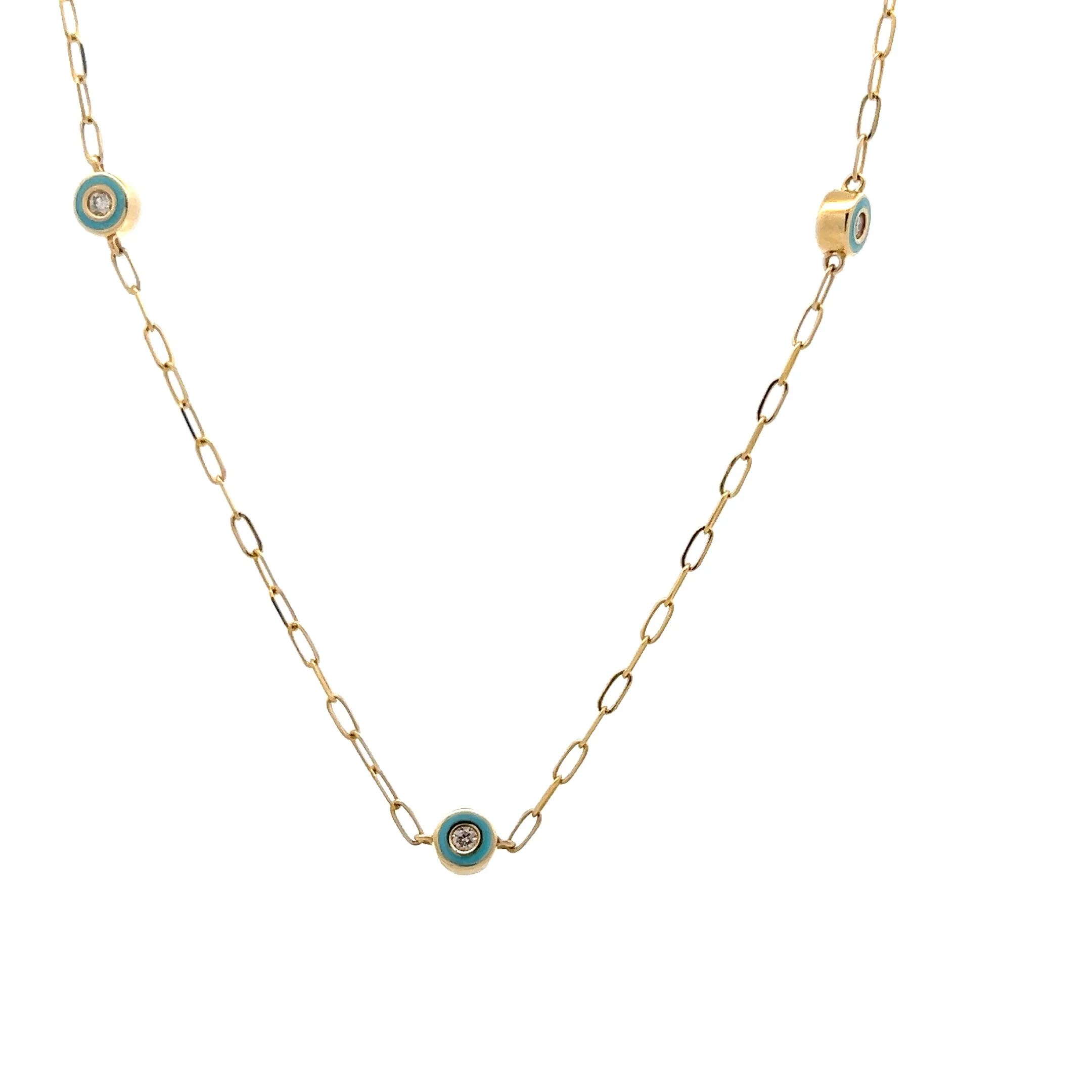 .18 Turquoise Enamel Bezel Diamond by the Yard Necklace 14k