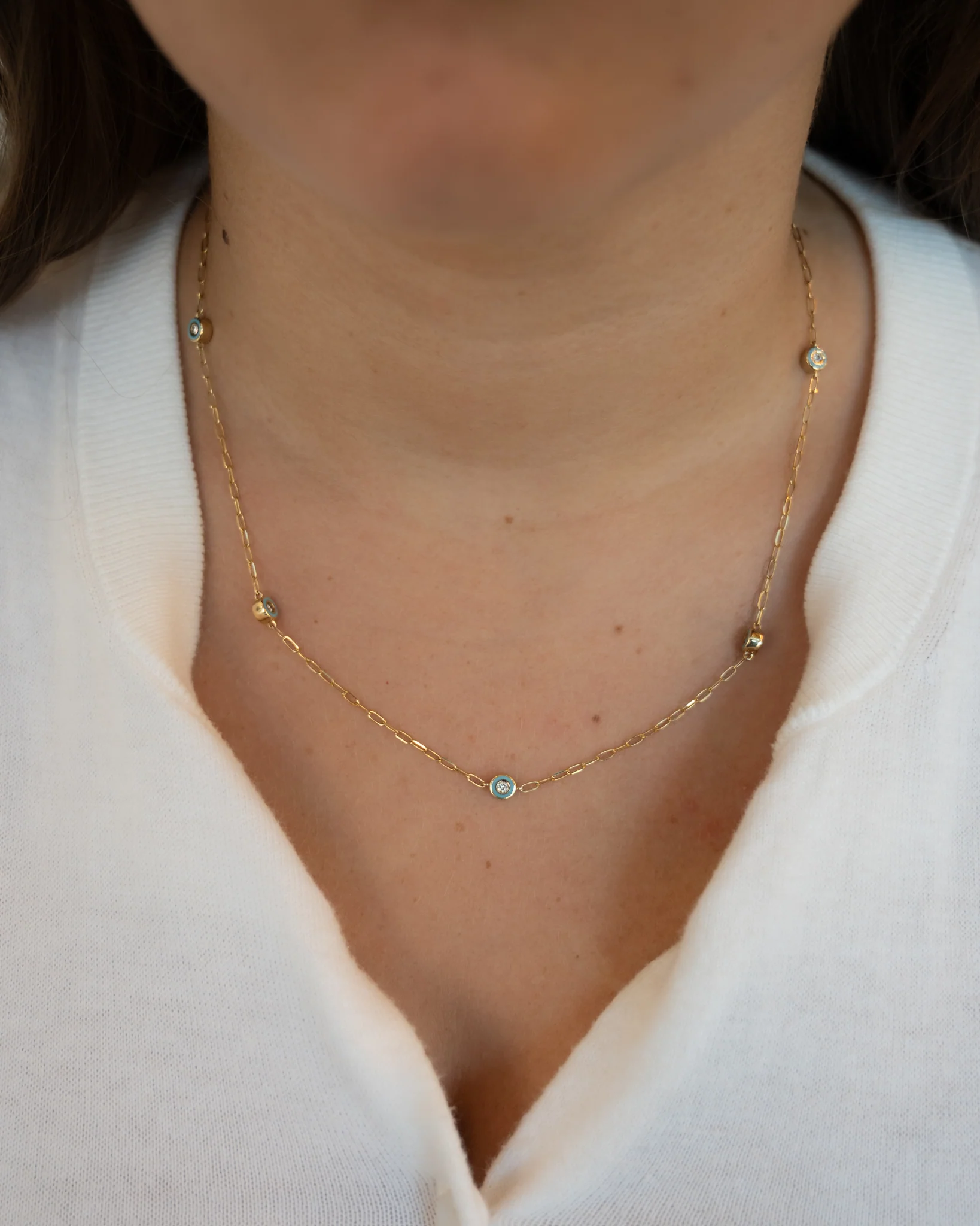 .18 Turquoise Enamel Bezel Diamond by the Yard Necklace 14k - Image 7