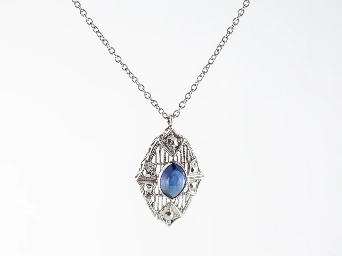 1920's Sapphire Filigree Necklace in 14k White Gold - Image 2