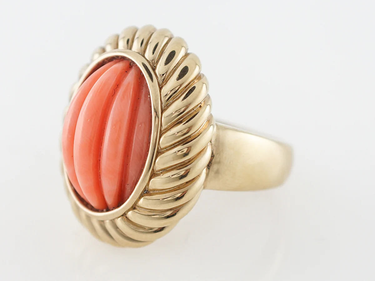 1960's Carved Coral Right Hand Ring in 14k Yellow Gold - Image 2