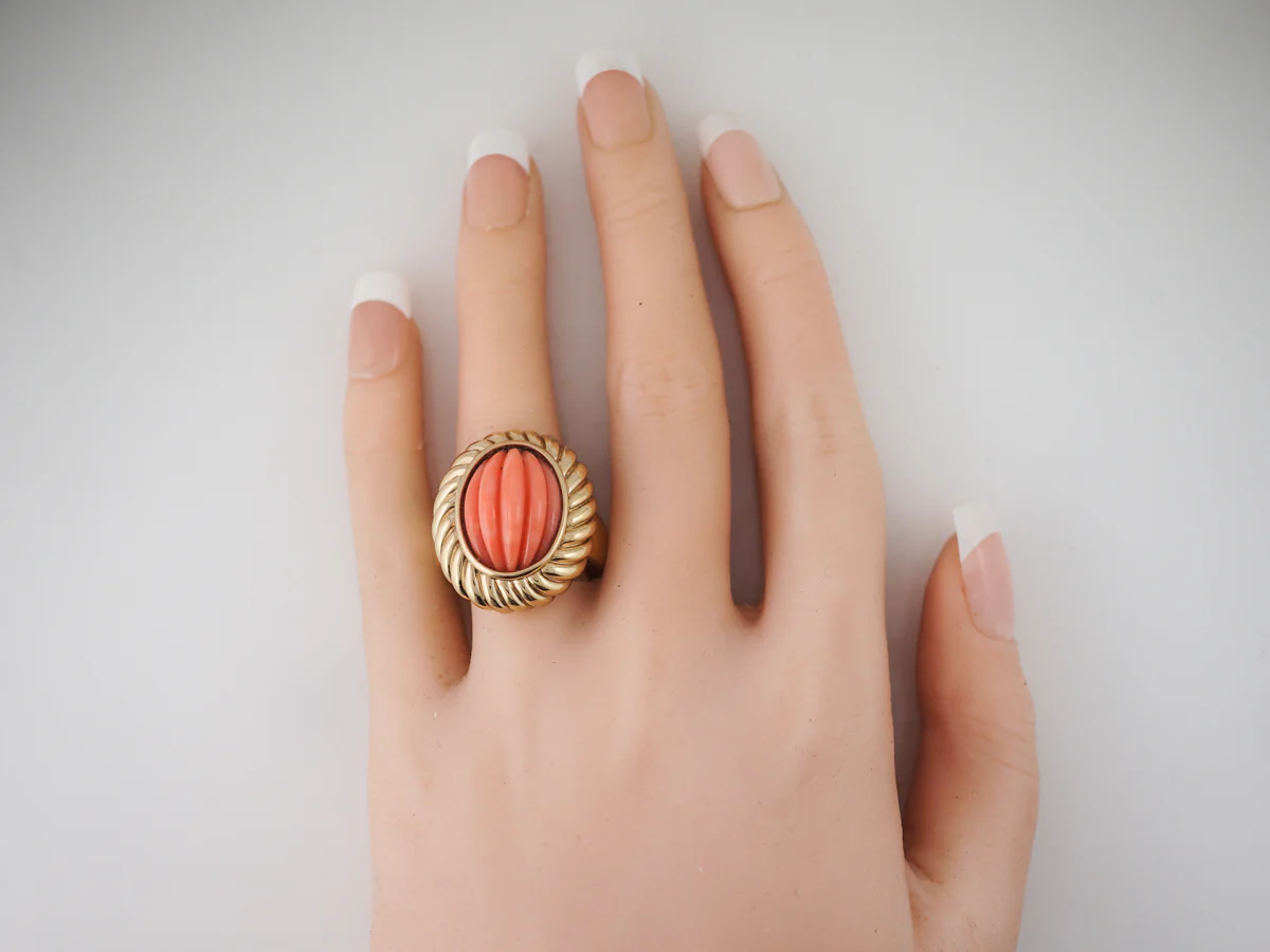 1960's Carved Coral Right Hand Ring in 14k Yellow Gold - Image 6