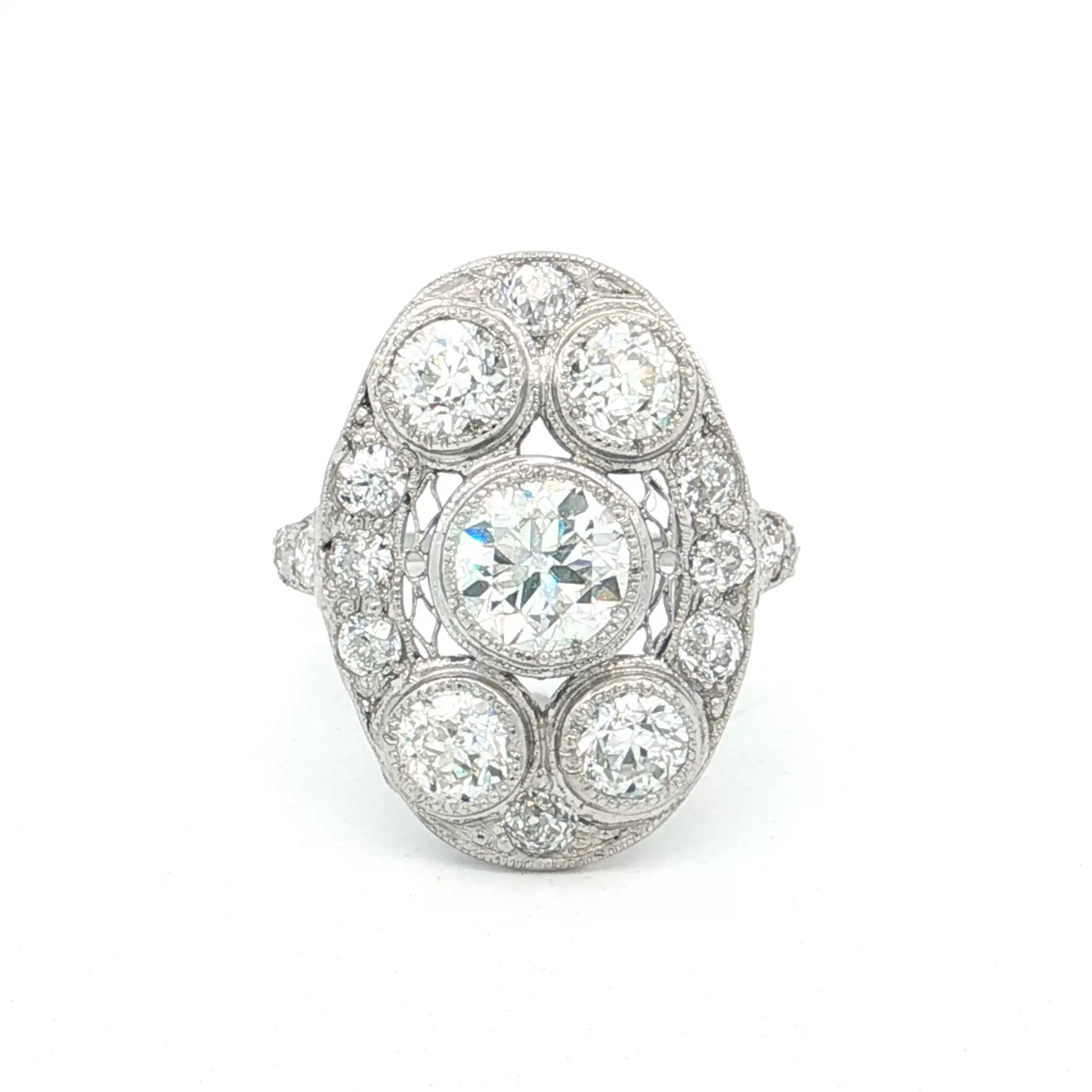 2.10 Vintage Old European Diamond Cocktail Ring Platinum