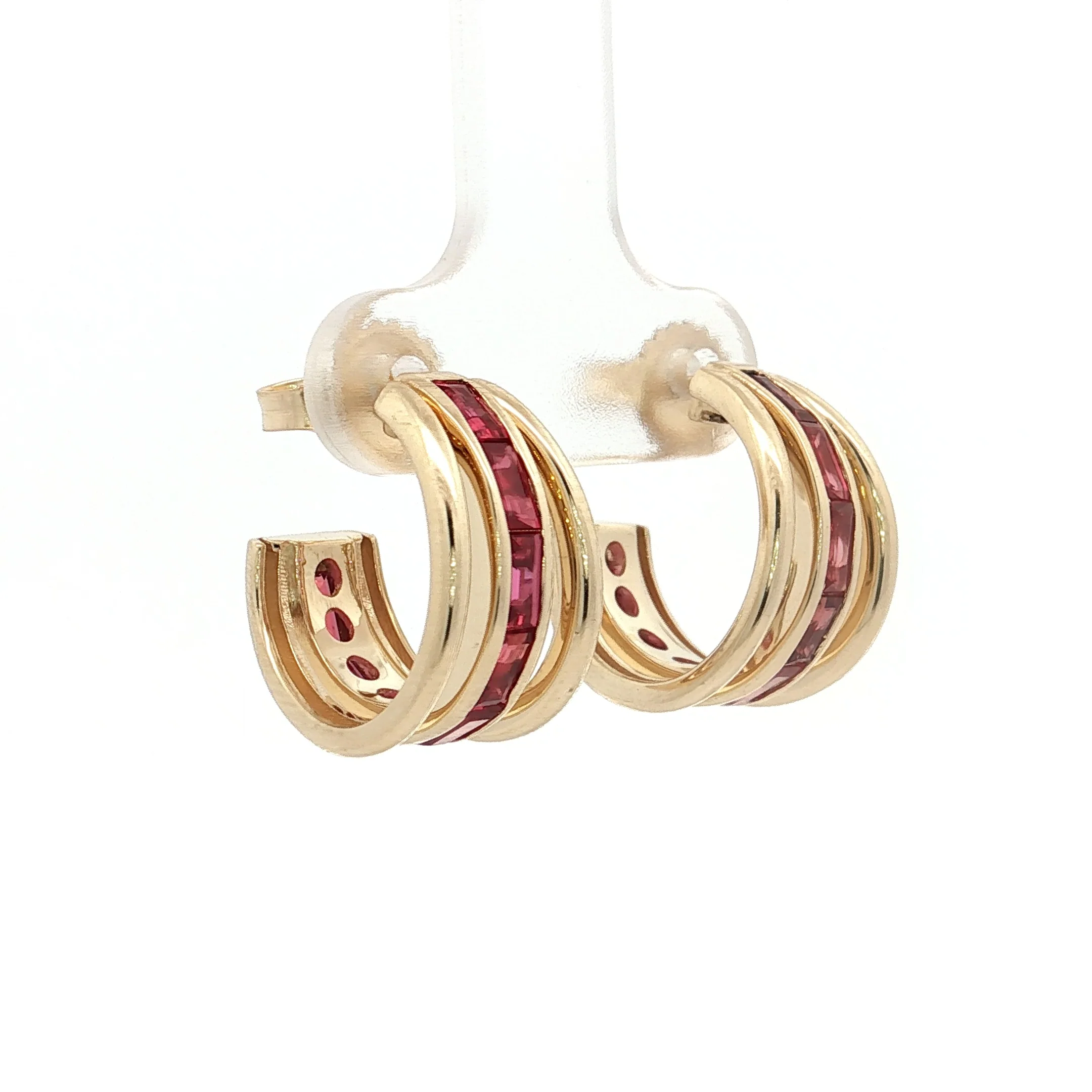 2.40 Square Ruby Triple Hoop Earrings 14k Yellow Gold - Image 3