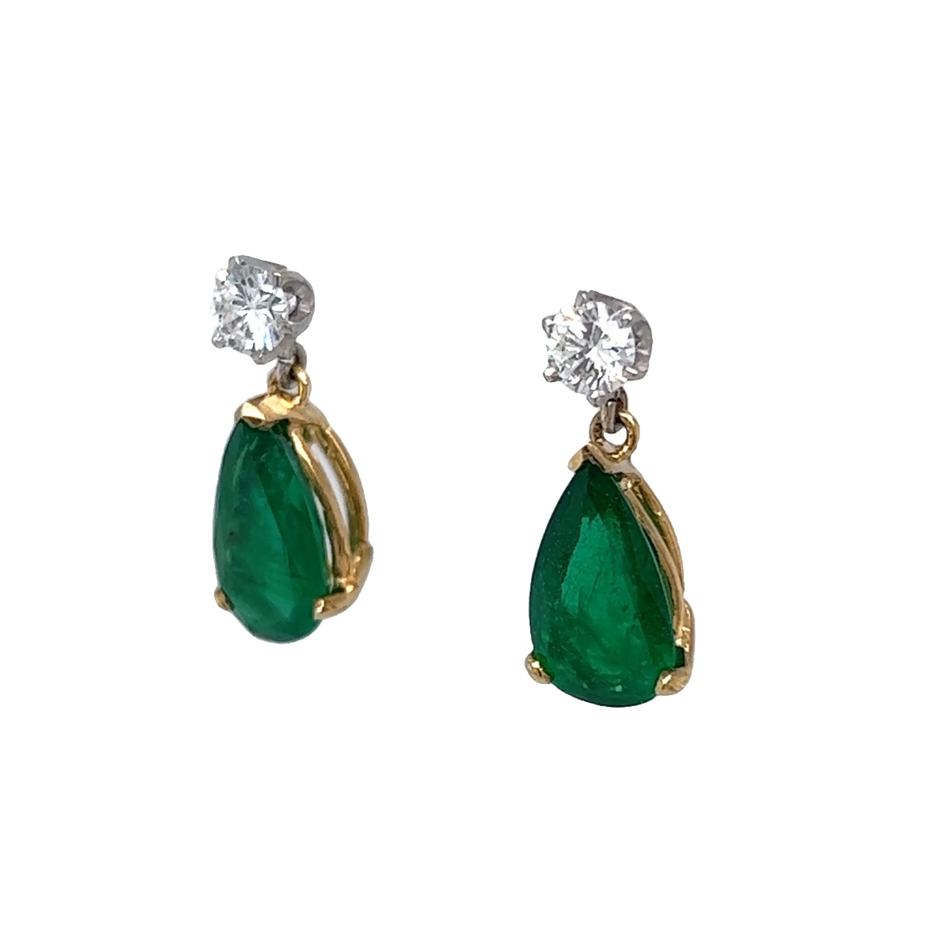 2.48 Emerald & Diamond Drop Earrings in 14k Yellow & White Gold - Image 2