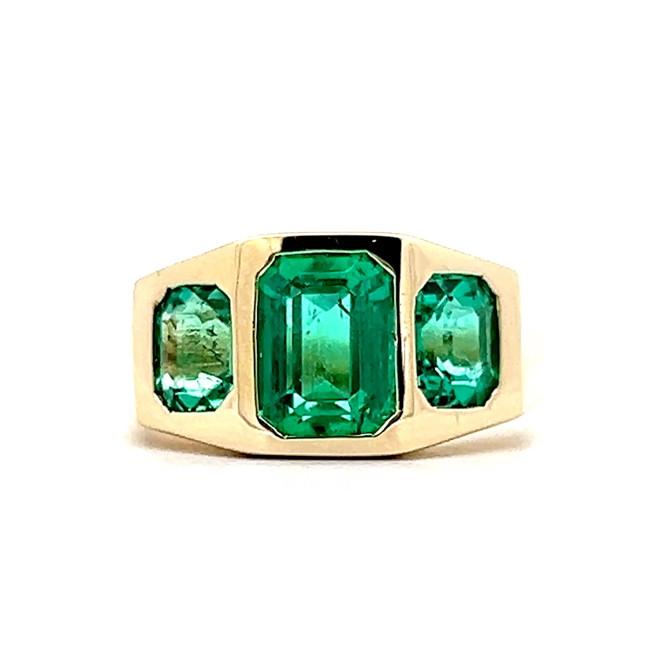 2.86 Three Stone Emerald Engagement Ring in 14k Yellow Gold