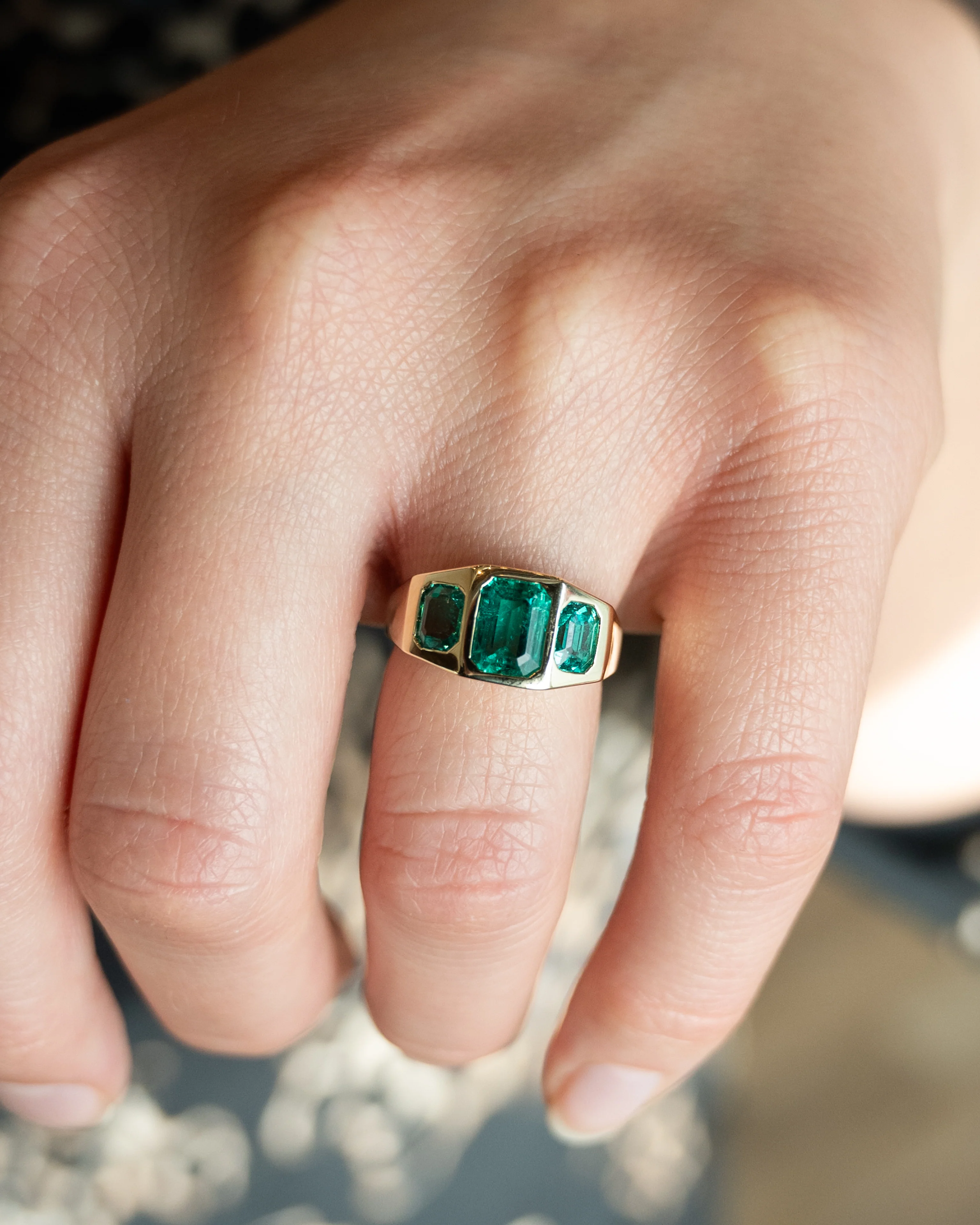 2.86 Three Stone Emerald Engagement Ring in 14k Yellow Gold - Image 7