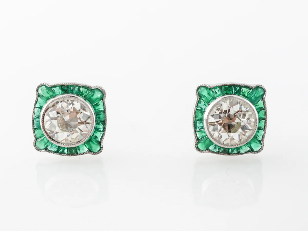 2 Carat European Cut Diamond Earrings w/ Emerald Accents Platinum - Image 4