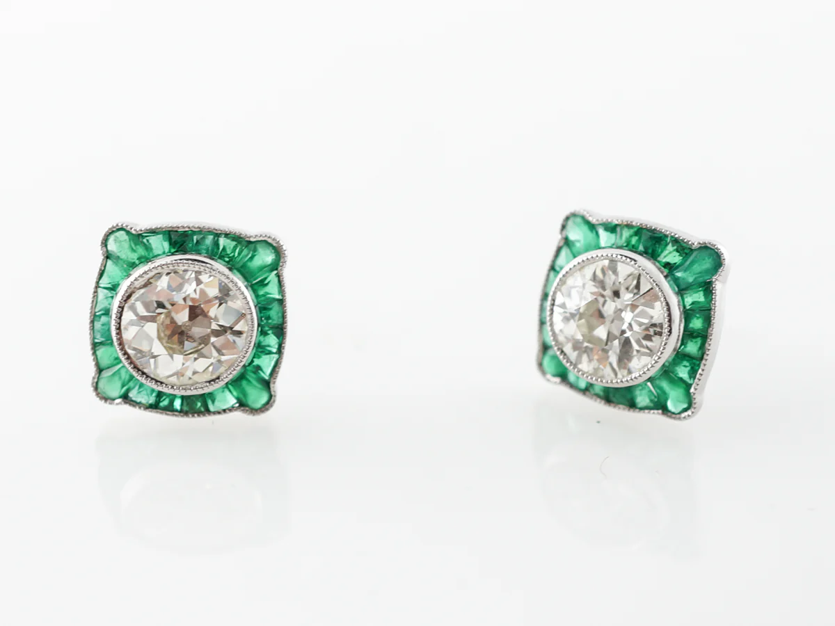 2 Carat European Cut Diamond Earrings w/ Emerald Accents Platinum - Image 5
