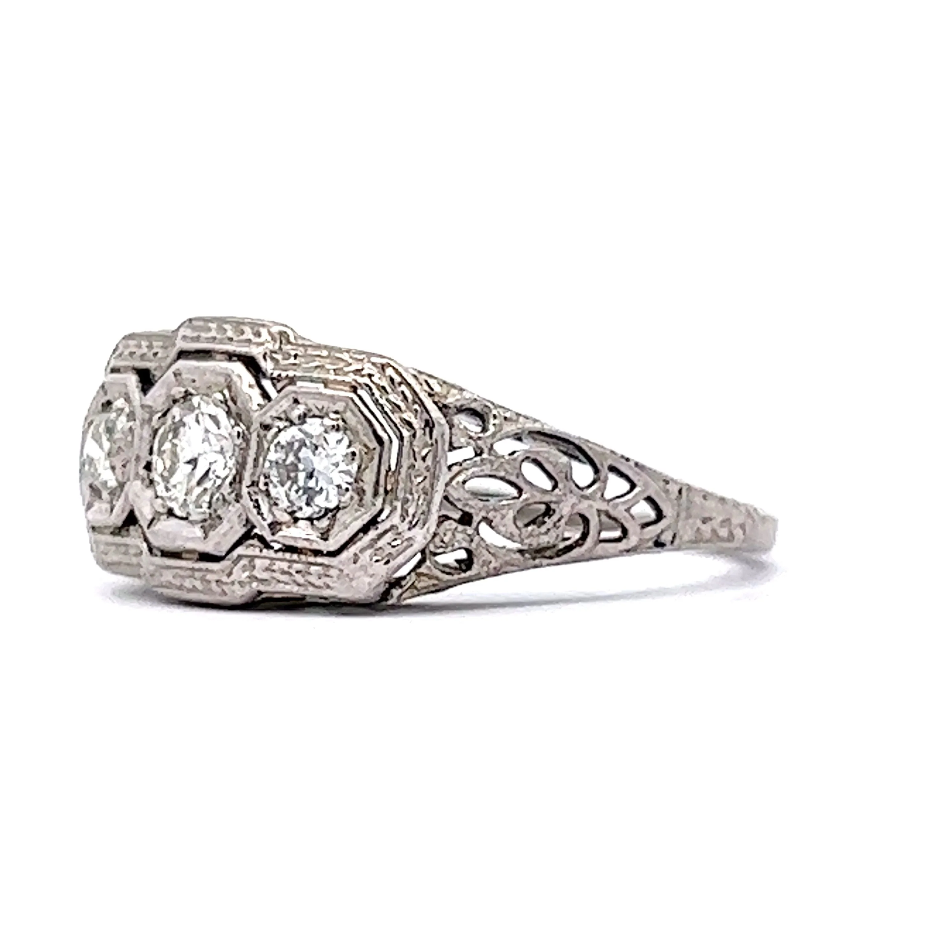 Vintage Old European Three Stone Engagement Ring in 18k White Gold - Image 2