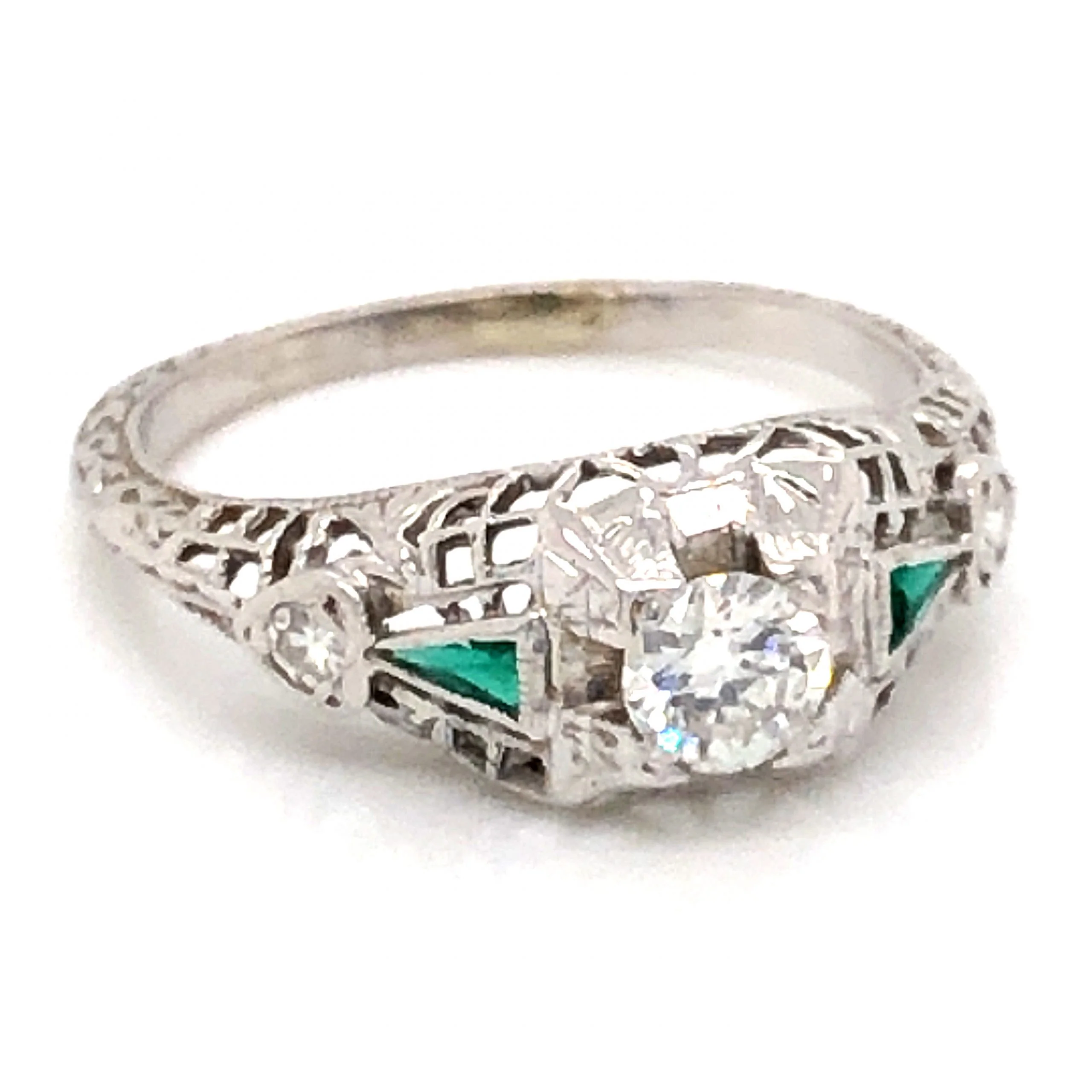 .27 Art Deco Diamond & Emerald Engagement Ring in 18k White Gold - Image 3