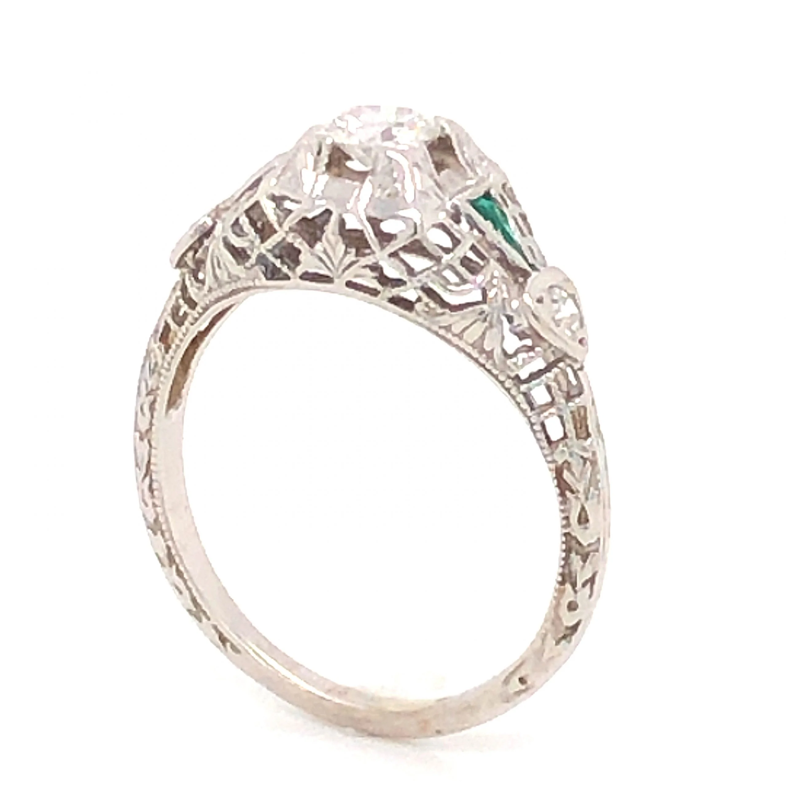 .27 Art Deco Diamond & Emerald Engagement Ring in 18k White Gold - Image 5